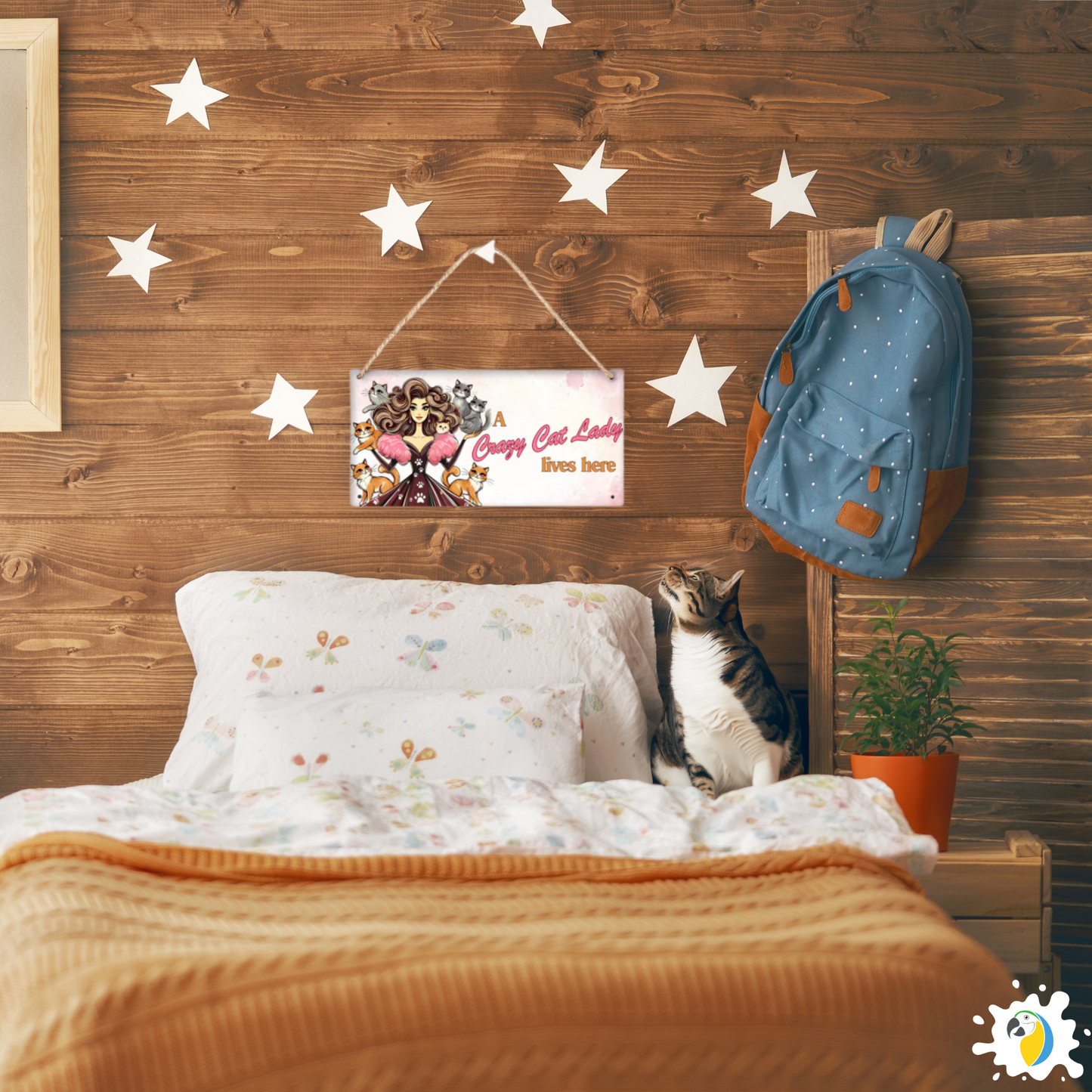 Cute "Crazy Cat Lady" Wooden Sign With Hanging String • 30x15cm Pretty Wood Print For Cat Lovers • Papagaio Studio Design Shop
