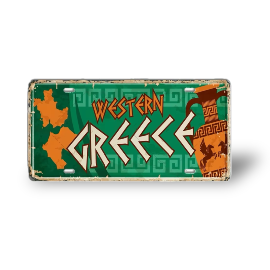 Greek Cities Metal Sign Collection • Egyptian Landmark Decorative License Plate Wall Art • Greece & Egypt Travel Souvenir Metal Prints • Papagaio Studio Decor Shop