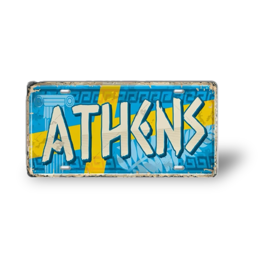 Greek Cities Metal Sign Collection • Egyptian Landmark Decorative License Plate Wall Art • Greece & Egypt Travel Souvenir Metal Prints • Papagaio Studio Decor Shop