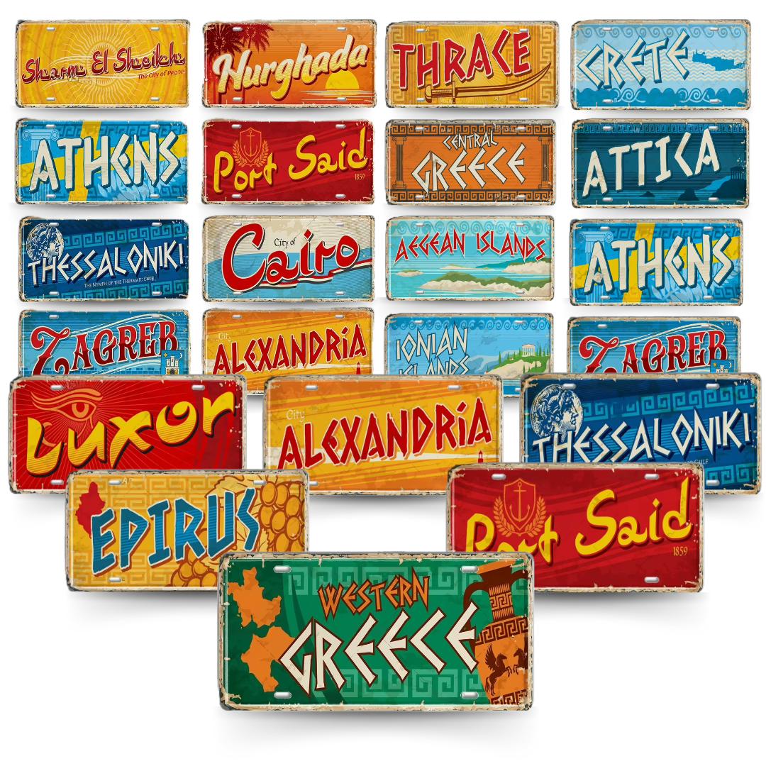 Greek Cities Metal Sign Collection • Egyptian Landmark Decorative License Plate Wall Art • Greece & Egypt Travel Souvenir Metal Prints • Papagaio Studio Decor Shop