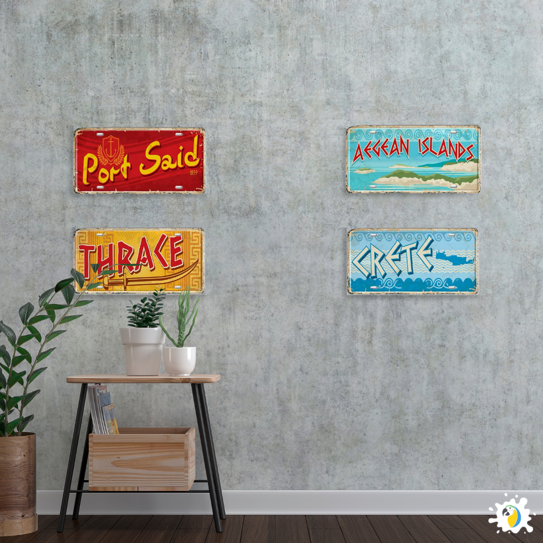 Greek Cities Metal Sign Collection • Egyptian Landmark Decorative License Plate Wall Art • Greece & Egypt Travel Souvenir Metal Prints • Papagaio Studio Decor Shop