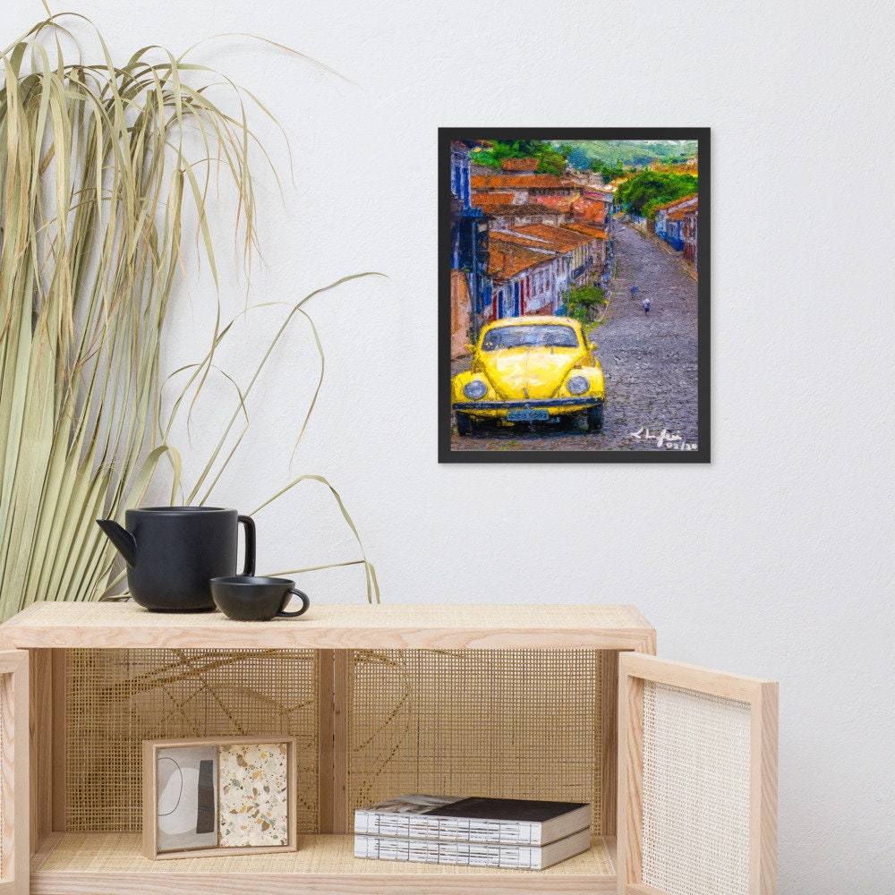 Minas Gerais Impressionist Painting • Sabará, MG - Brazil Countryside Village Wall Art • Yellow VW Beetle Framed Giclée Poster • Papagaio Studio Shop