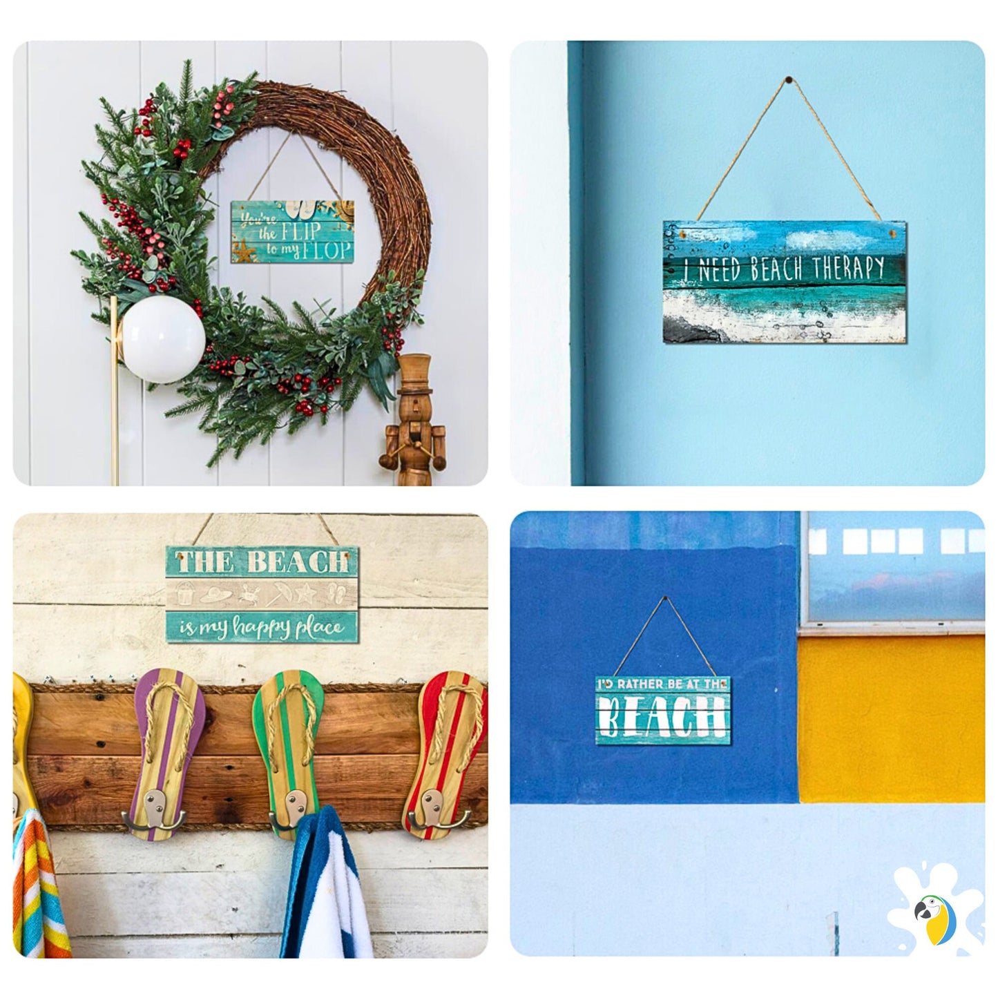 Beach Wood Sign | Summer Happy Quote Wooden Plaque | Sun Flip Flop Coastal Art MDF Print | Tropical Seaside Home Decor Art Piece