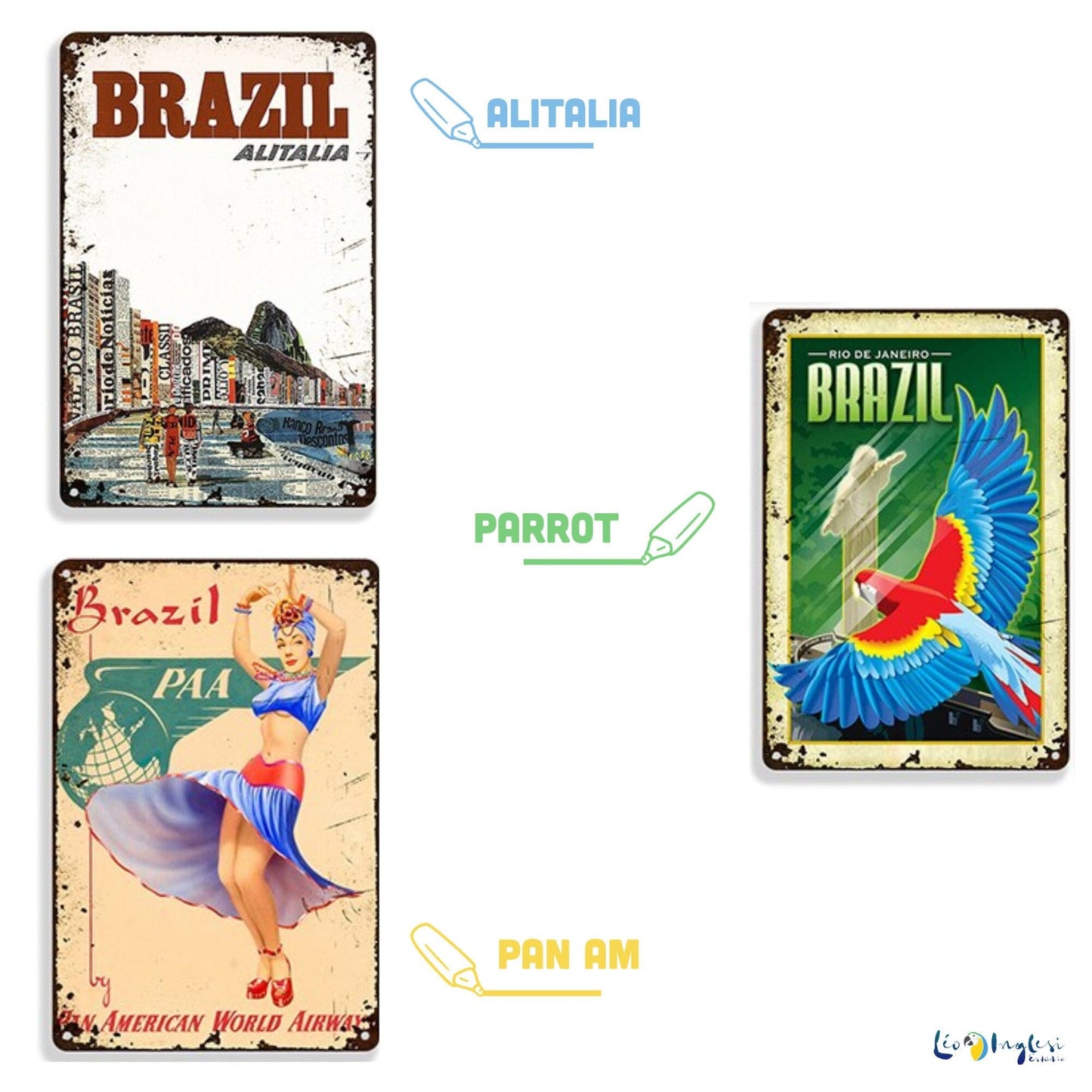 Brazil Vintage Metal Tin Sign • Travel Poster Of Rio De Janeiro, São Paulo, Bahia • Shabby Chic Brazilian Retro Decorative Plaque Wall Decor • Papagaio Studio Online Shop