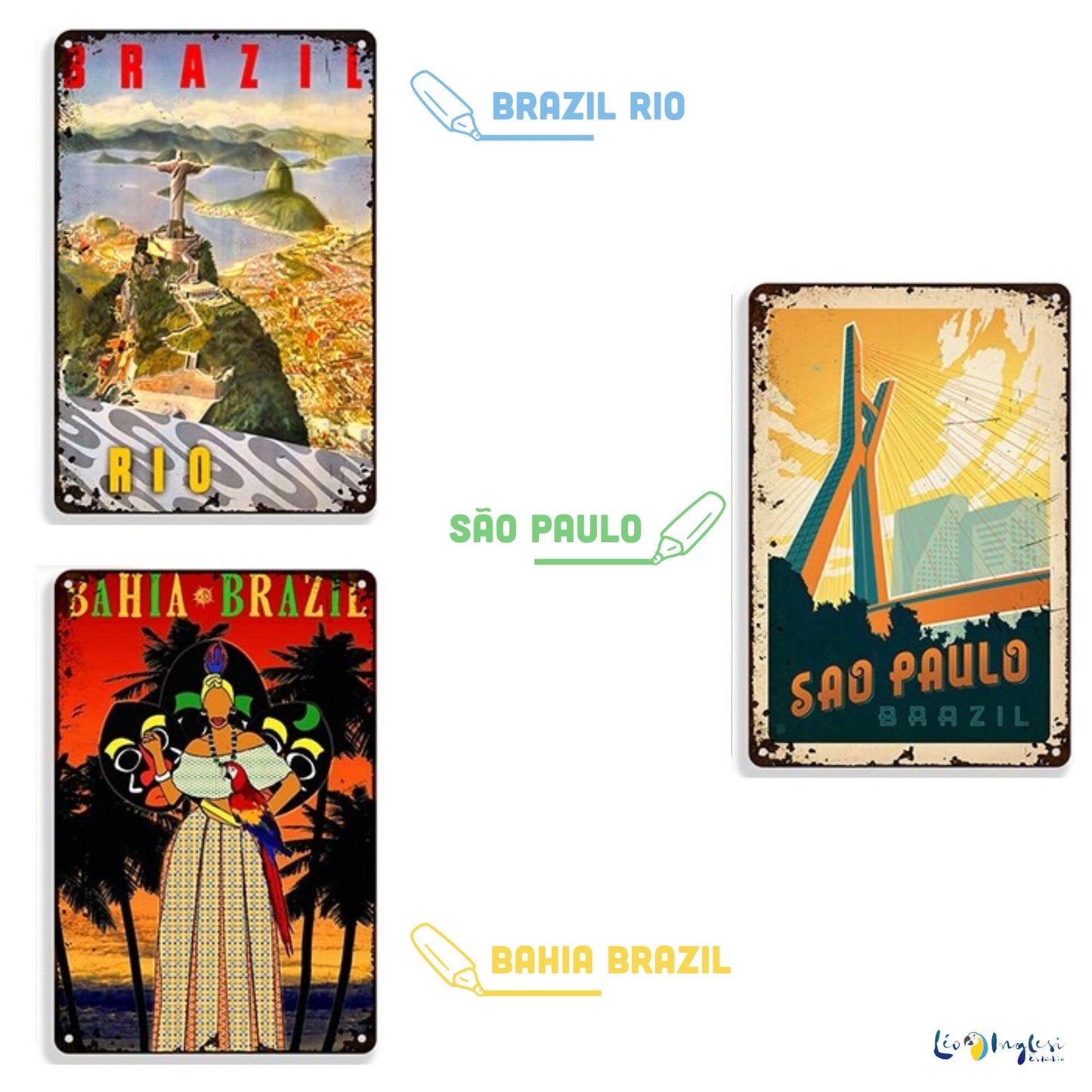 Brazil Vintage Metal Tin Sign • Travel Poster Of Rio De Janeiro, São Paulo, Bahia • Shabby Chic Brazilian Retro Decorative Plaque Wall Decor • Papagaio Studio Online Shop