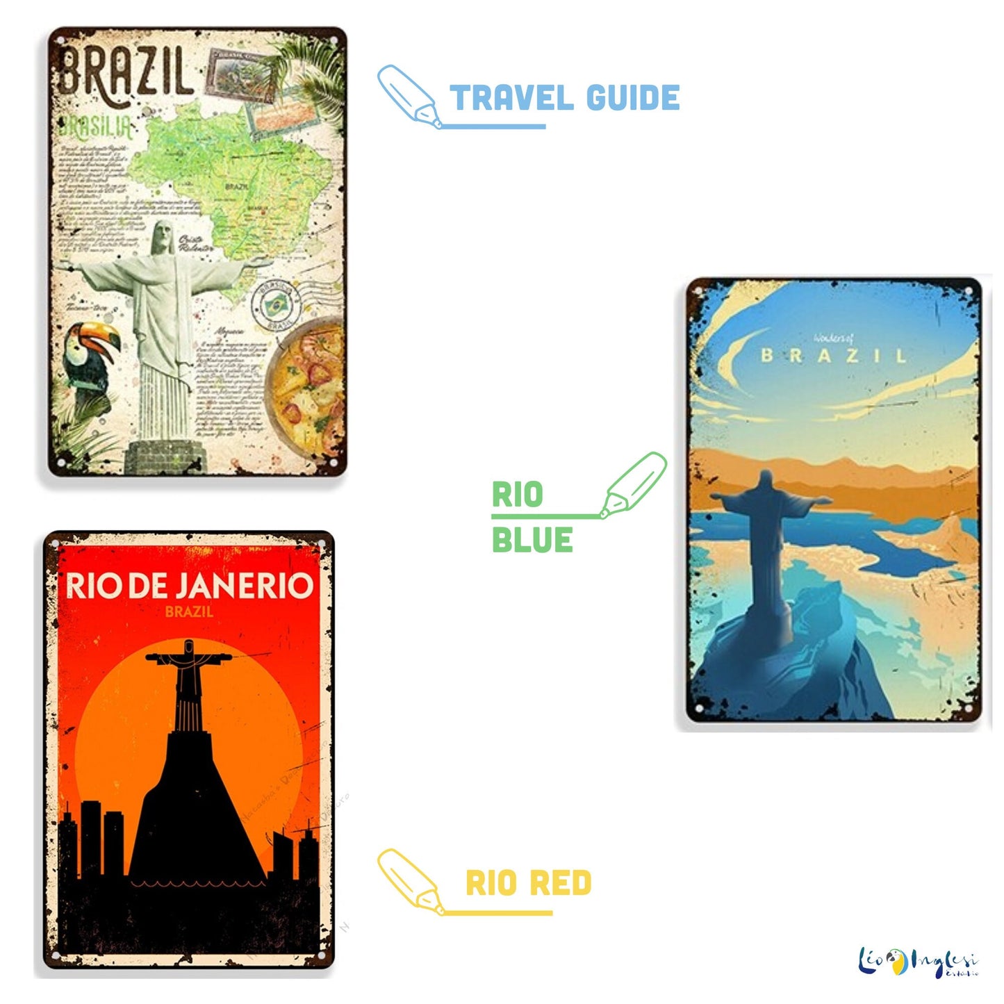 Brazil Vintage Metal Tin Sign • Travel Poster Of Rio De Janeiro, São Paulo, Bahia • Shabby Chic Brazilian Retro Decorative Plaque Wall Decor • Papagaio Studio Online Shop
