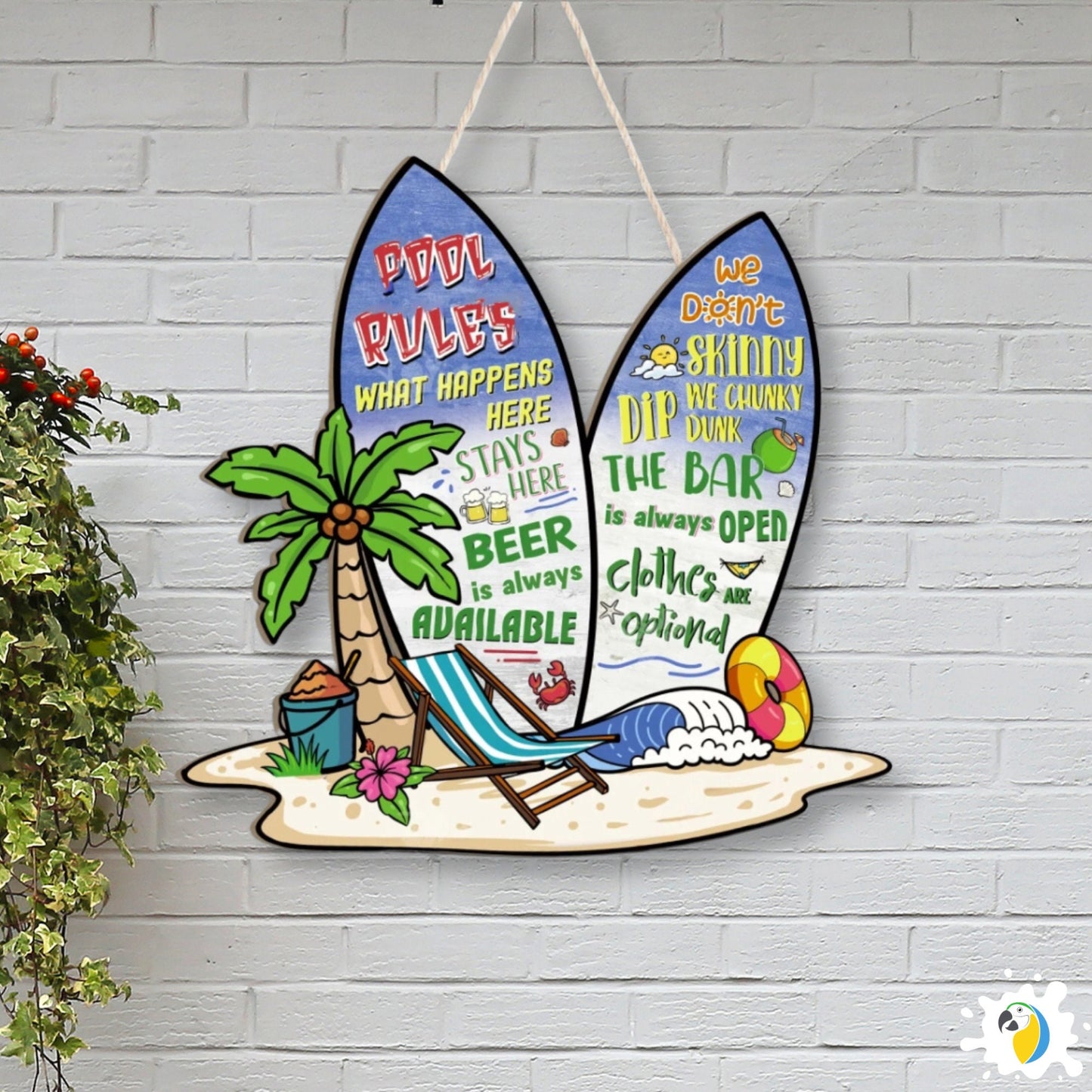 Pool Rules Surfboard Shaped Funny Wood Sign • Summer Beach House Wooden Wall Hanging Decor • Outdoor Creative Gift For Swimmers Surfers • Papagaio Studio Design Shop