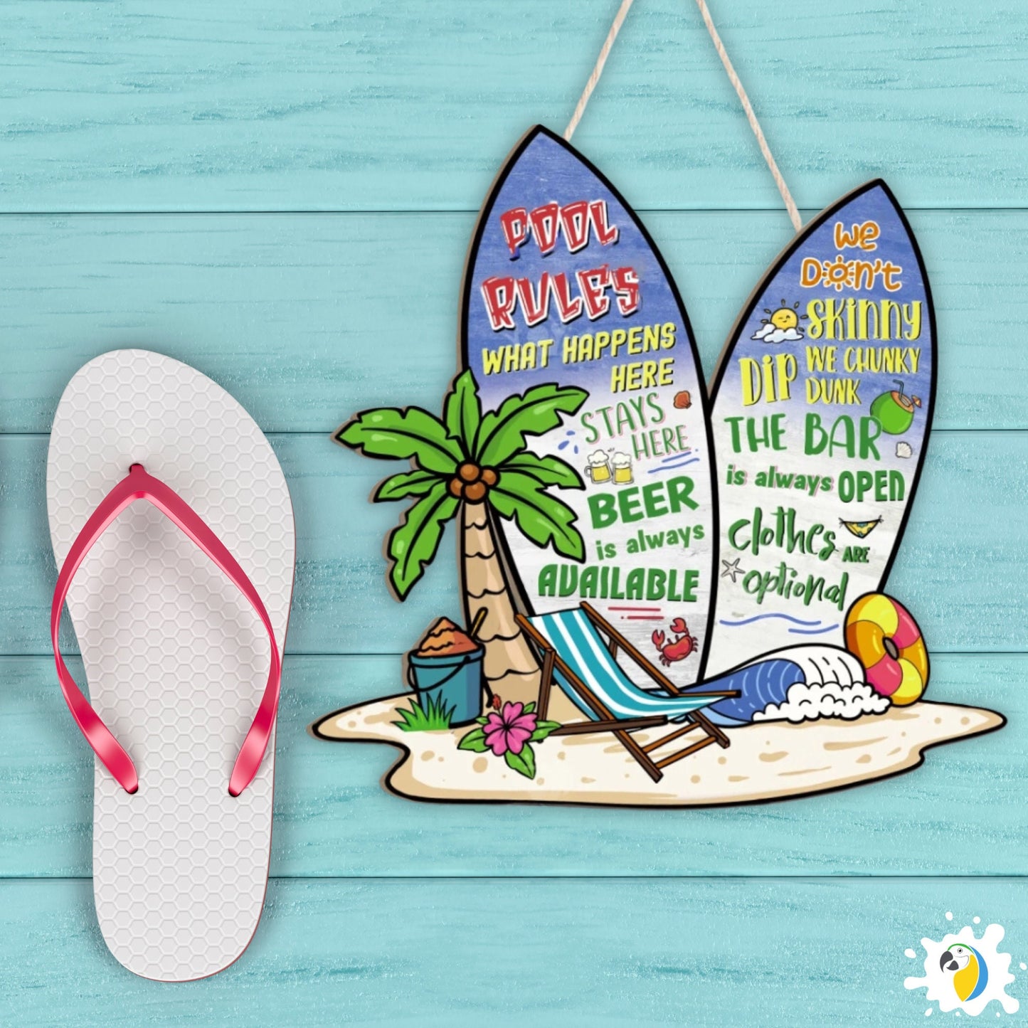 Pool Rules Surfboard Shaped Funny Wood Sign • Summer Beach House Wooden Wall Hanging Decor • Outdoor Creative Gift For Swimmers Surfers • Papagaio Studio Design Shop