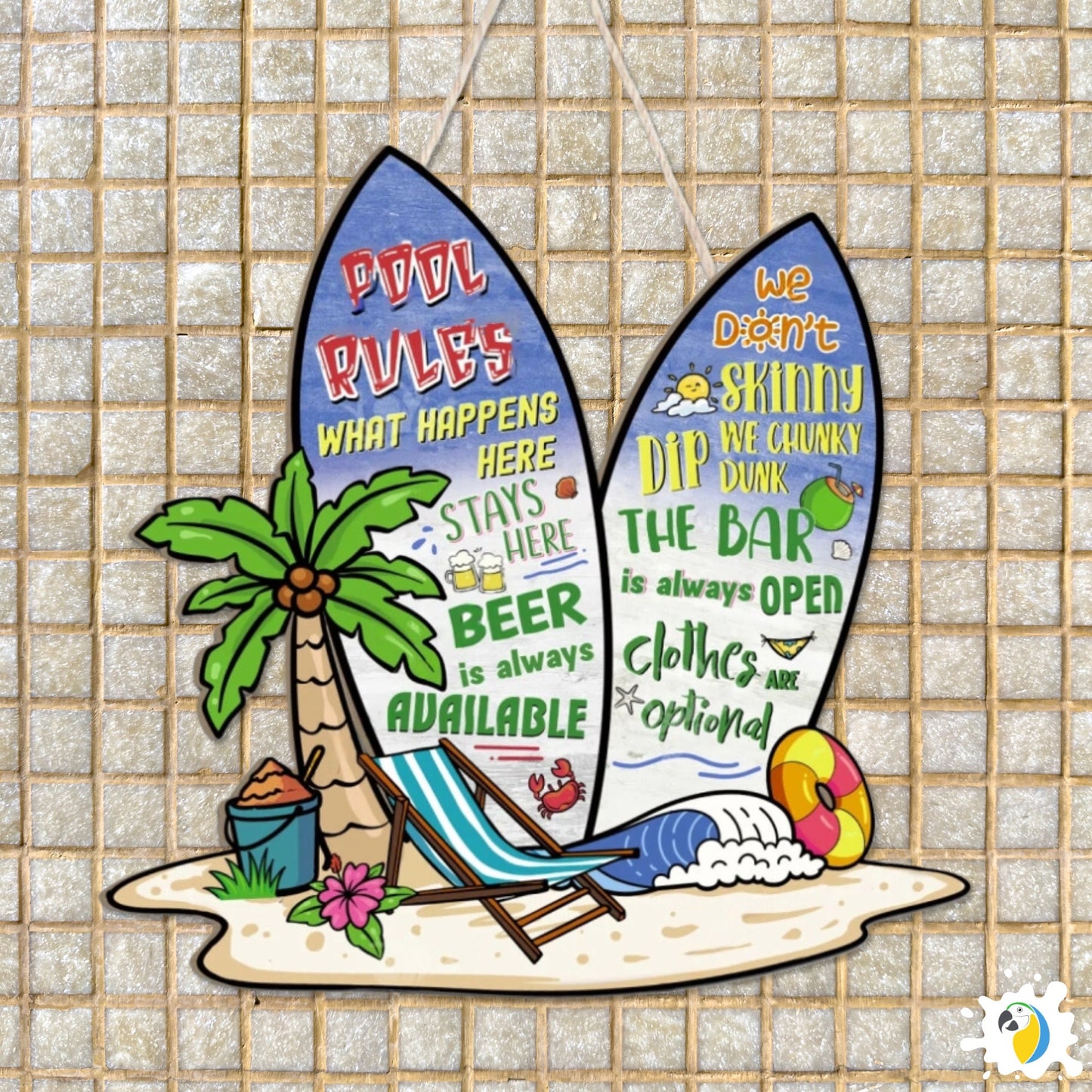 Pool Rules Surfboard Shaped Funny Wood Sign • Summer Beach House Wooden Wall Hanging Decor • Outdoor Creative Gift For Swimmers Surfers • Papagaio Studio Design Shop