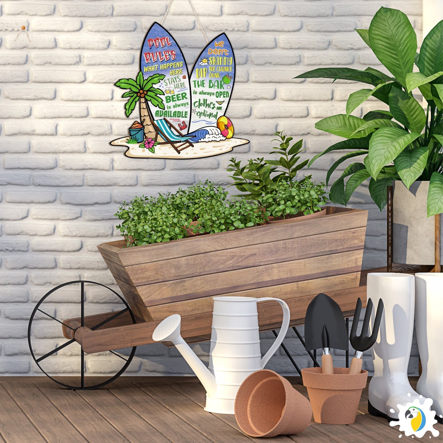 Pool Rules Surfboard Shaped Funny Wood Sign • Summer Beach House Wooden Wall Hanging Decor • Outdoor Creative Gift For Swimmers Surfers • Papagaio Studio Design Shop