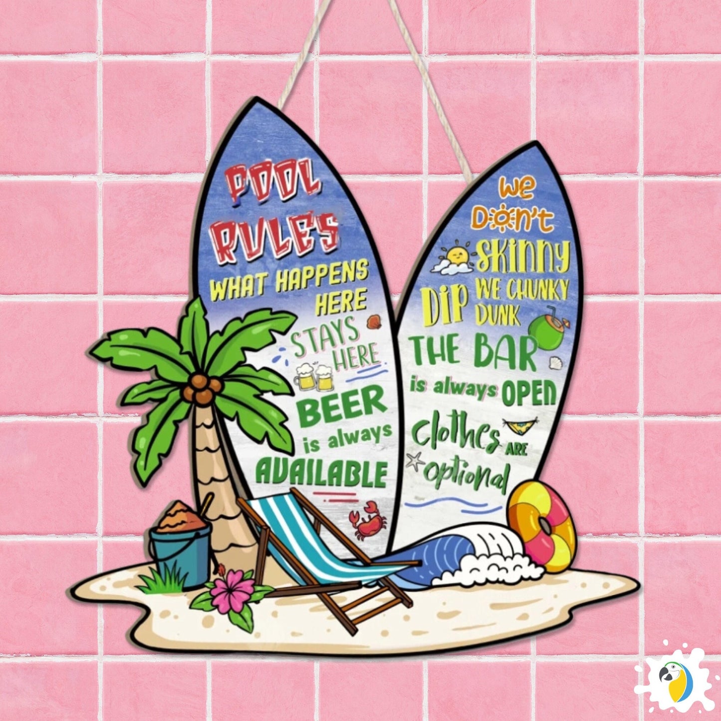 Pool Rules Surfboard Shaped Funny Wood Sign • Summer Beach House Wooden Wall Hanging Decor • Outdoor Creative Gift For Swimmers Surfers • Papagaio Studio Design Shop