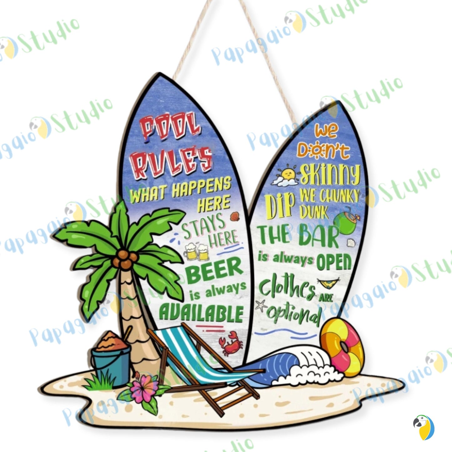 Pool Rules Surfboard Shaped Funny Wood Sign • Summer Beach House Wooden Wall Hanging Decor • Outdoor Creative Gift For Swimmers Surfers • Papagaio Studio Design Shop
