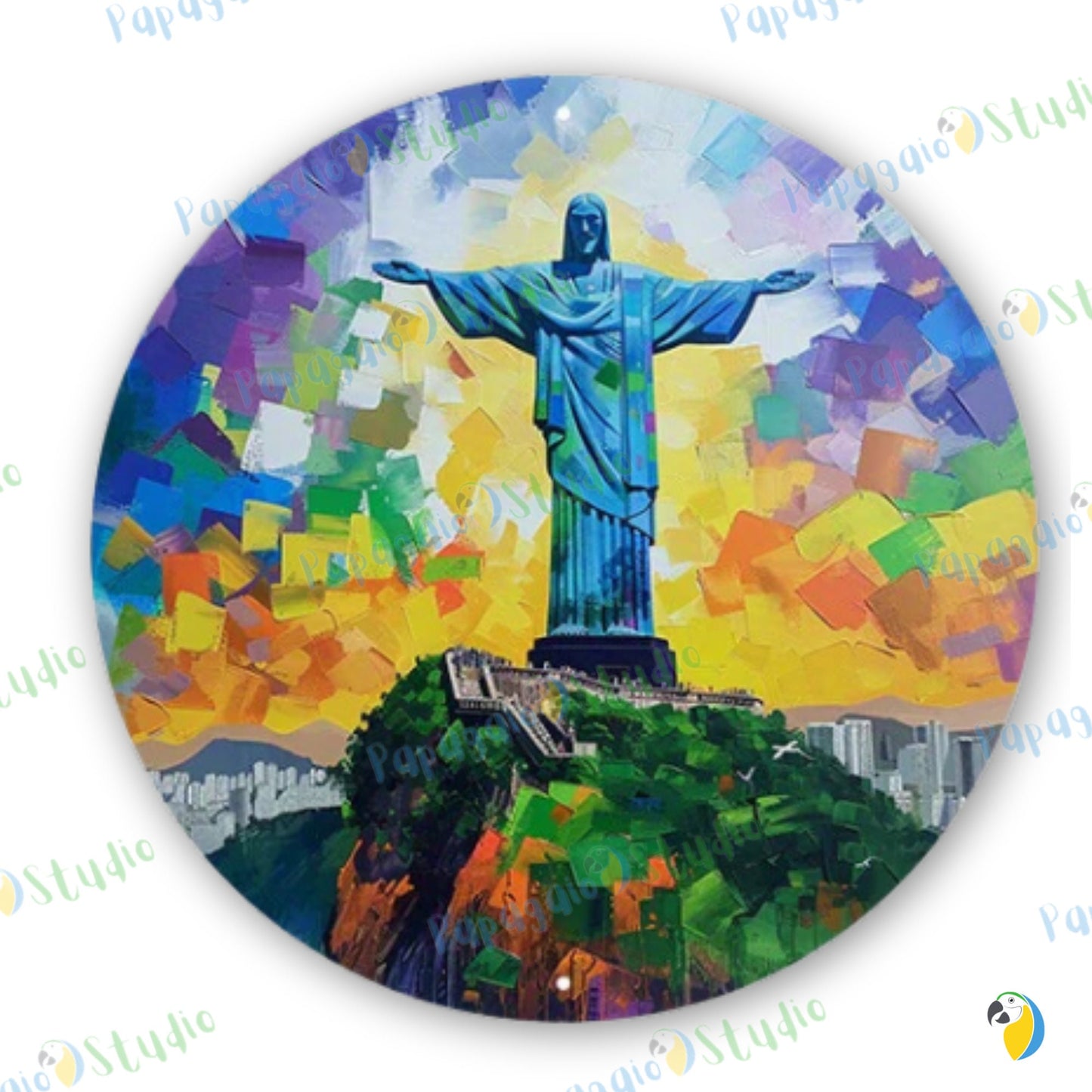 Christ The Redeemer Round Metal Print • Rio De Janeiro Painting Tin Sign • Travel Souvenir Brazil Wall Hanging Decor • Gift For Brazilian • Papagaio Studio Design Shop