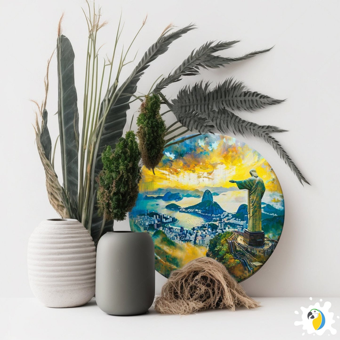 Christ The Redeemer Round Metal Print • Rio De Janeiro Painting Tin Sign • Travel Souvenir Brazil Wall Hanging Decor • Gift For Brazilian • Papagaio Studio Design Shop
