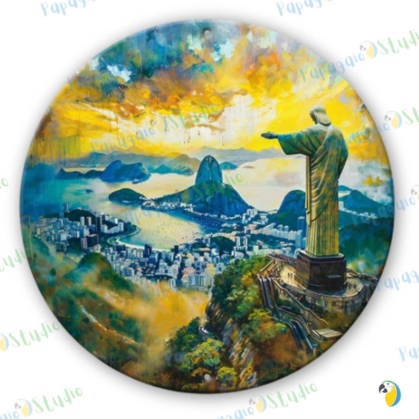 Christ The Redeemer Round Metal Print • Rio De Janeiro Painting Tin Sign • Travel Souvenir Brazil Wall Hanging Decor • Gift For Brazilian • Papagaio Studio Design Shop