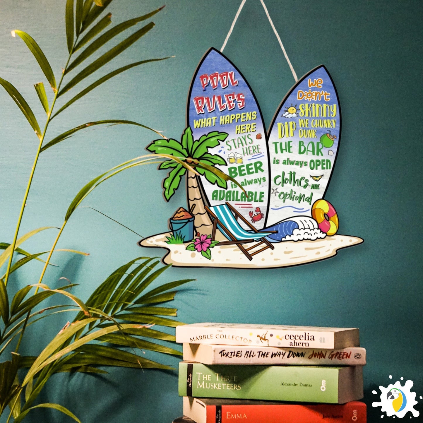Pool Rules Surfboard Shaped Funny Wood Sign • Summer Beach House Wooden Wall Hanging Decor • Outdoor Creative Gift For Swimmers Surfers • Papagaio Studio Design Shop