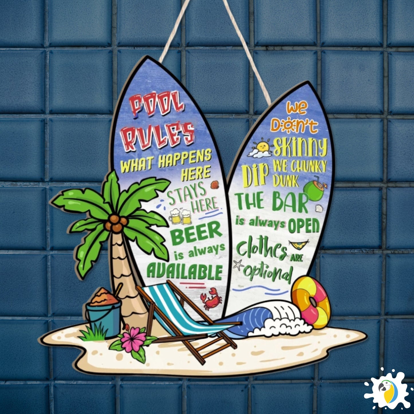 Pool Rules Surfboard Shaped Funny Wood Sign • Summer Beach House Wooden Wall Hanging Decor • Outdoor Creative Gift For Swimmers Surfers • Papagaio Studio Design Shop