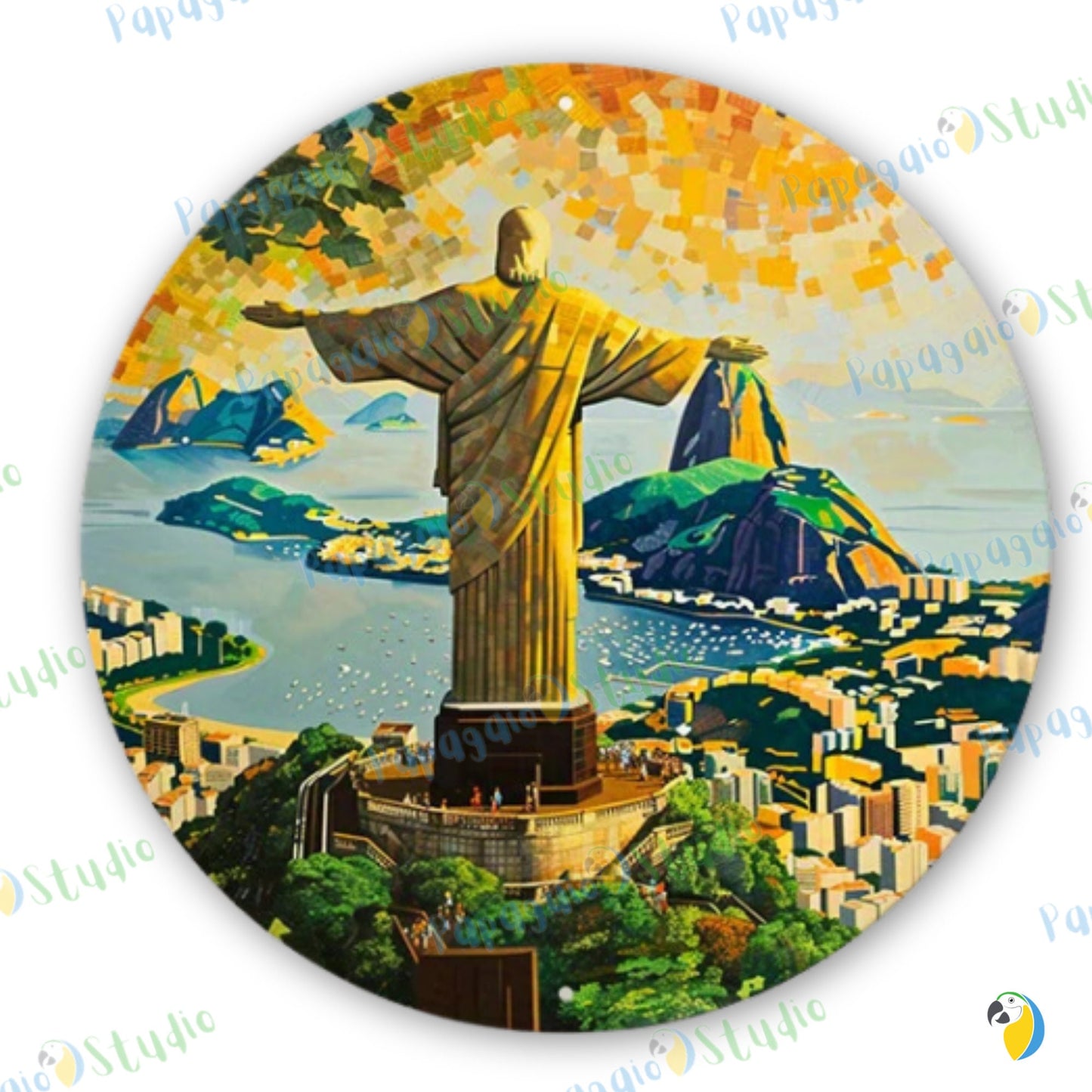Christ The Redeemer Round Metal Print • Rio De Janeiro Painting Tin Sign • Travel Souvenir Brazil Wall Hanging Decor • Gift For Brazilian • Papagaio Studio Design Shop
