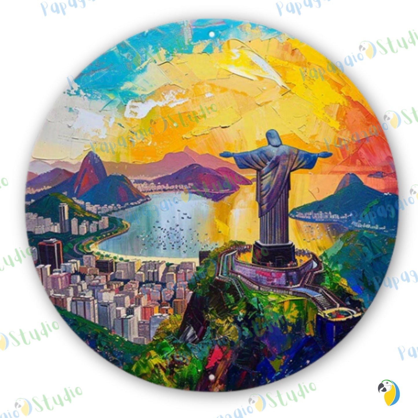 Christ The Redeemer Round Metal Print • Rio De Janeiro Painting Tin Sign • Travel Souvenir Brazil Wall Hanging Decor • Gift For Brazilian • Papagaio Studio Design Shop