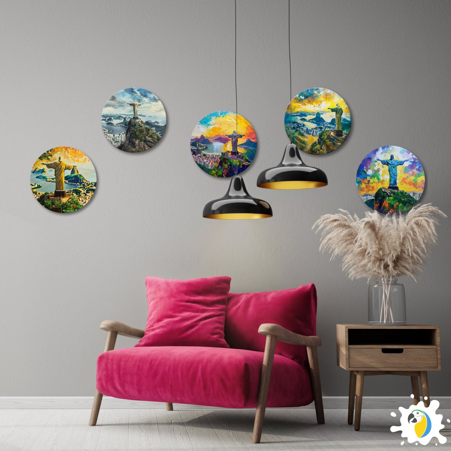 Christ The Redeemer Round Metal Print • Rio De Janeiro Painting Tin Sign • Travel Souvenir Brazil Wall Hanging Decor • Gift For Brazilian • Papagaio Studio Design Shop