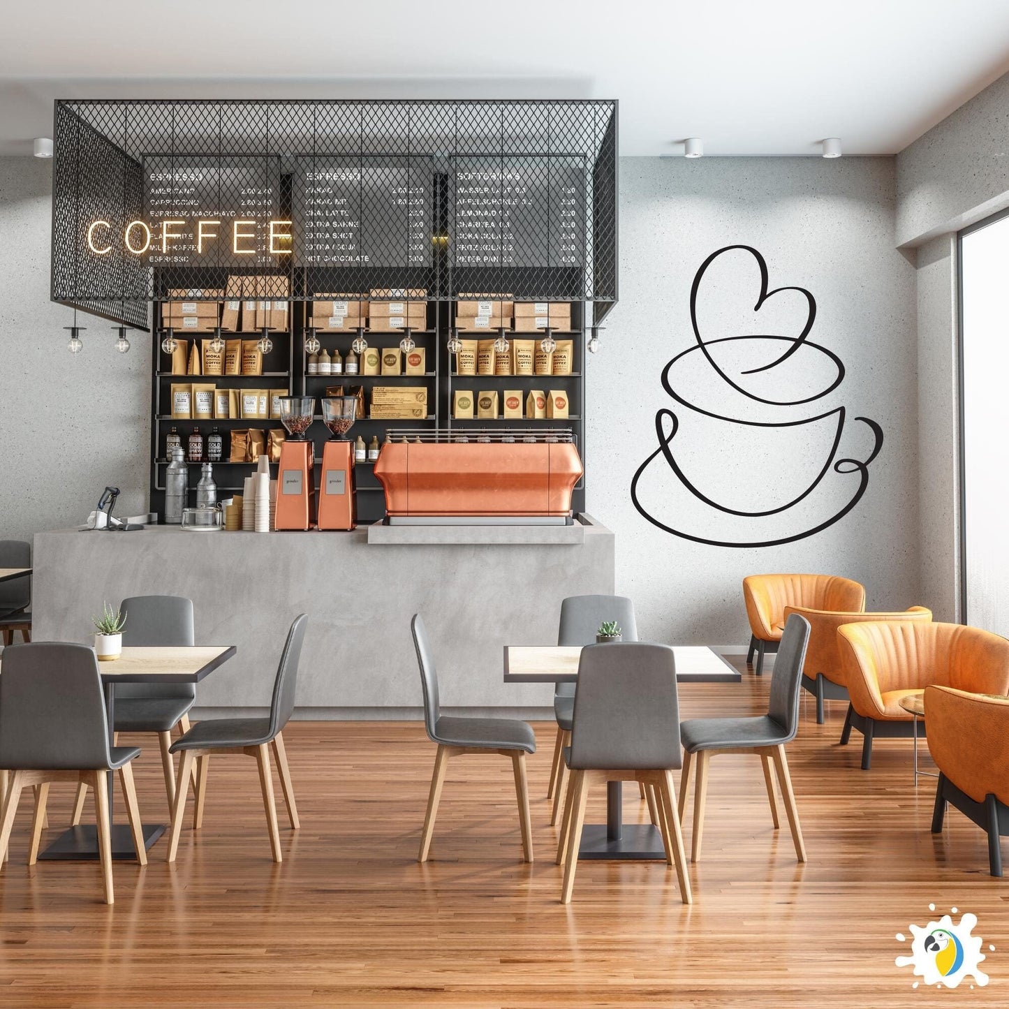 Coffee Cup Heart Wall Sticker • Modern Coffee Shop Decal • Minimalist Coffee Lover’s Vinyl Art • Kitchen Cafe Decor Easy-To-Apply Adhesive • Papagaio Studio Design Shop