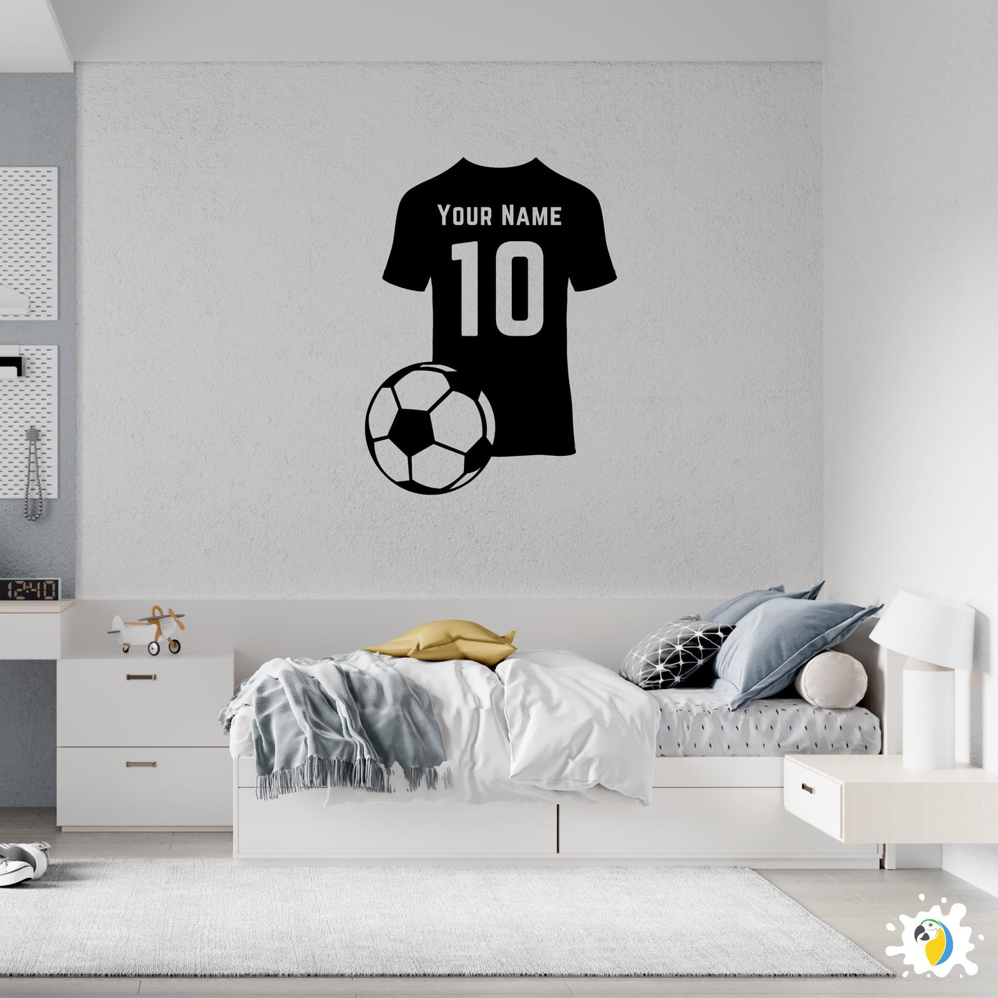 Custom Name & Number Soccer Jersey And Ball Wall Sticker For Kids Room Decor • Personalized Football Team Uniform Vinyl Decal Mural Adhesive • Papagaio Studio Design Shop