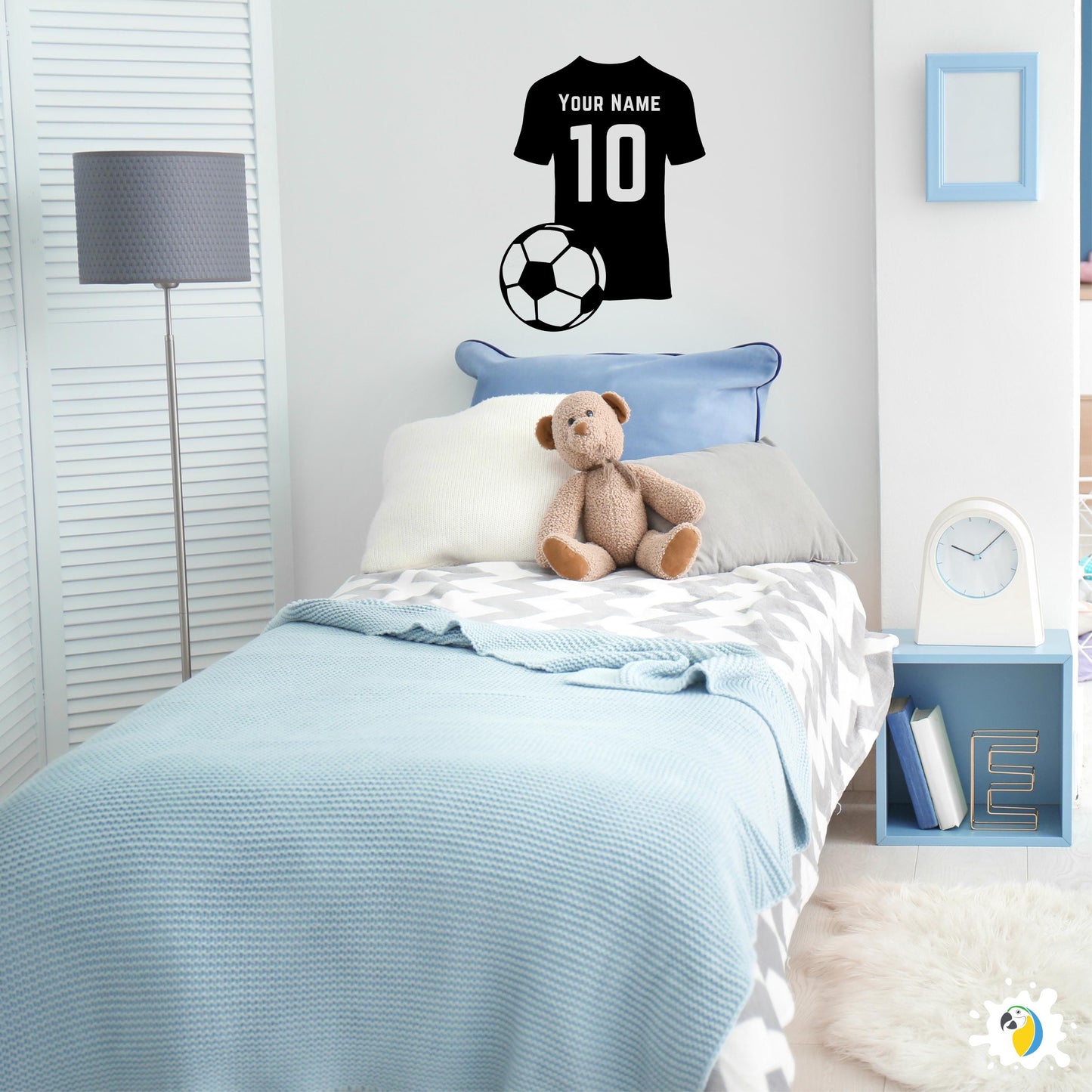 Custom Name & Number Soccer Jersey And Ball Wall Sticker For Kids Room Decor • Personalized Football Team Uniform Vinyl Decal Mural Adhesive • Papagaio Studio Design Shop