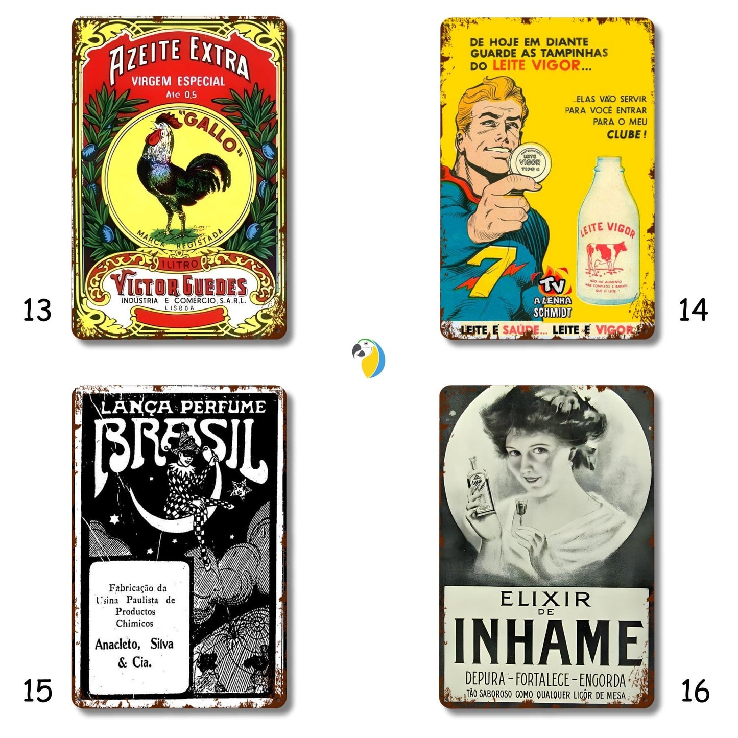 Vintage Brazilian Advertisement Tin Signs • Retro Brazil Commercial Ads Metal Plaques • Collectible Antique Style Decor • Rustic Wall Art • Papagaio Studio Design Shop