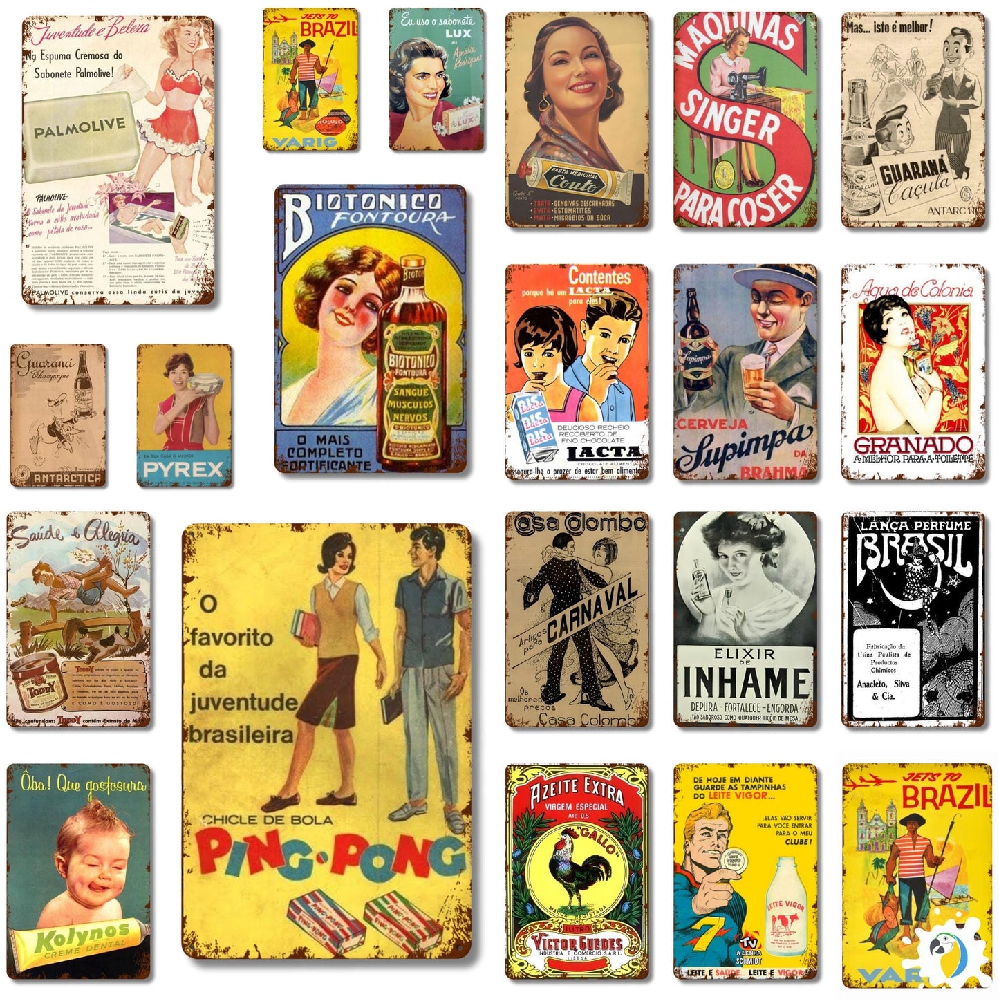 Vintage Brazilian Advertisement Tin Signs • Retro Brazil Commercial Ads Metal Plaques • Collectible Antique Style Decor • Rustic Wall Art • Papagaio Studio Design Shop