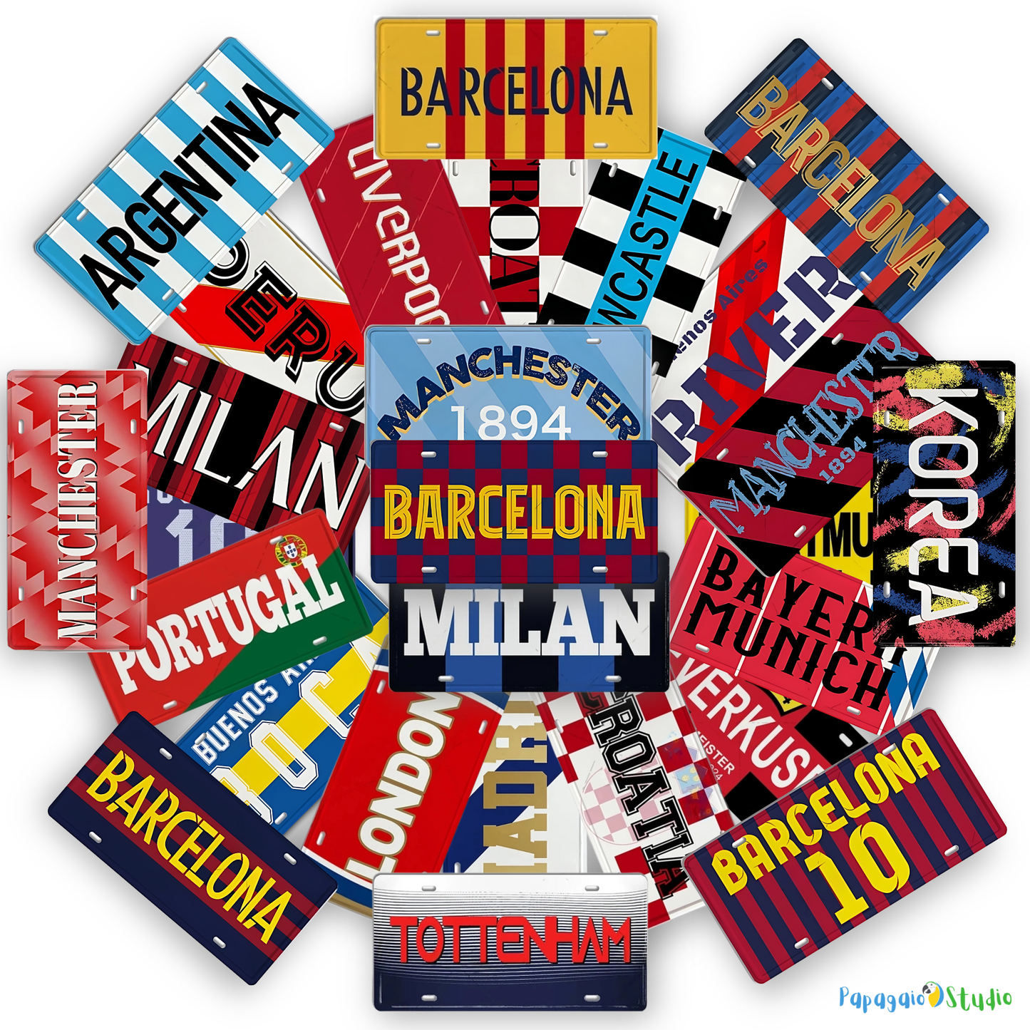 Football Jersey License Plate • Milan Barcelona Madrid Munich Manchester City Colors 15x30cm Tin Sign • Soccer Team Metal Print Wall Hanging • Papagaio Studio Design Shop