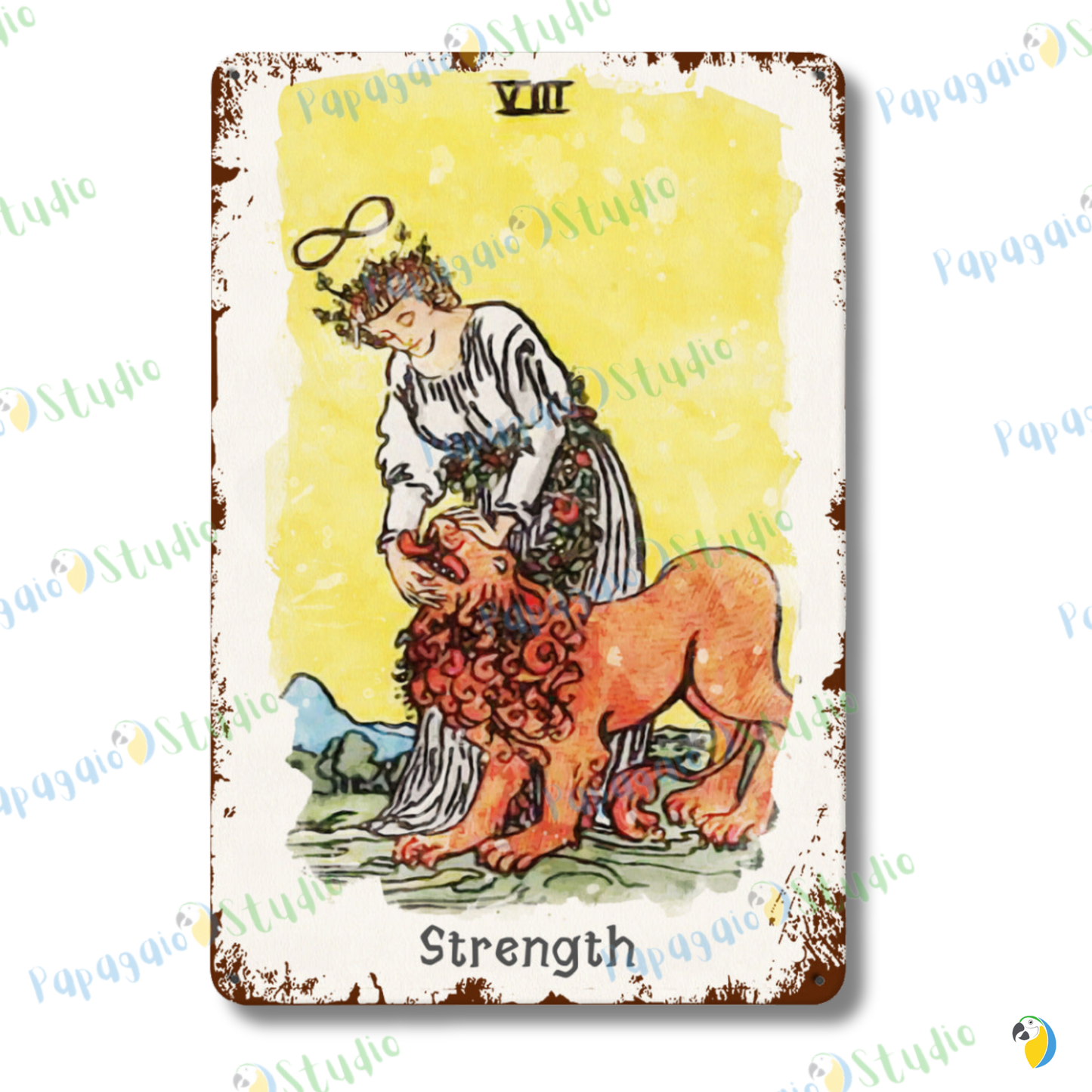 Tin Sign Of The Strenght Tarot Card • Major Arcana 8 Vintage Tinplate Painting • Papagaio Studio Shop
