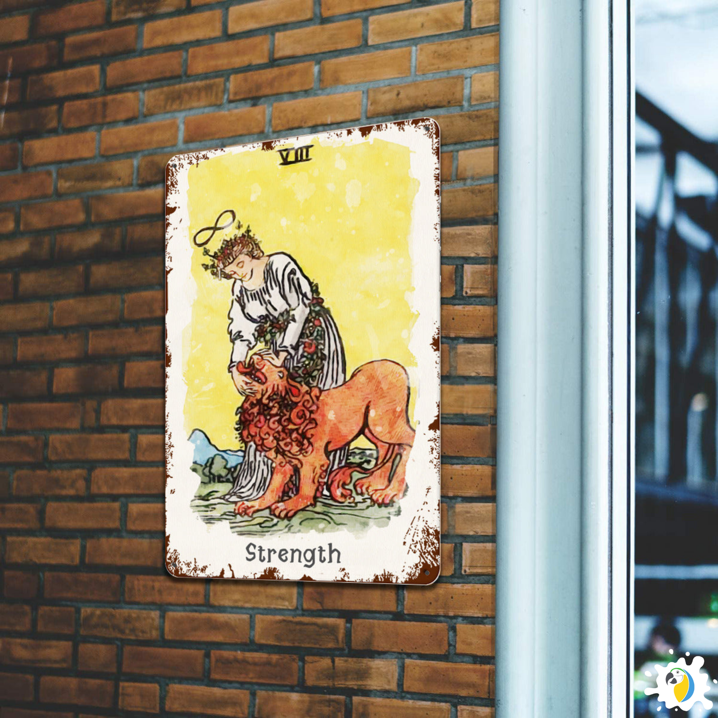 Tin Sign Of The Strenght Tarot Card • Major Arcana 8 Vintage Tinplate Painting • Papagaio Studio Shop