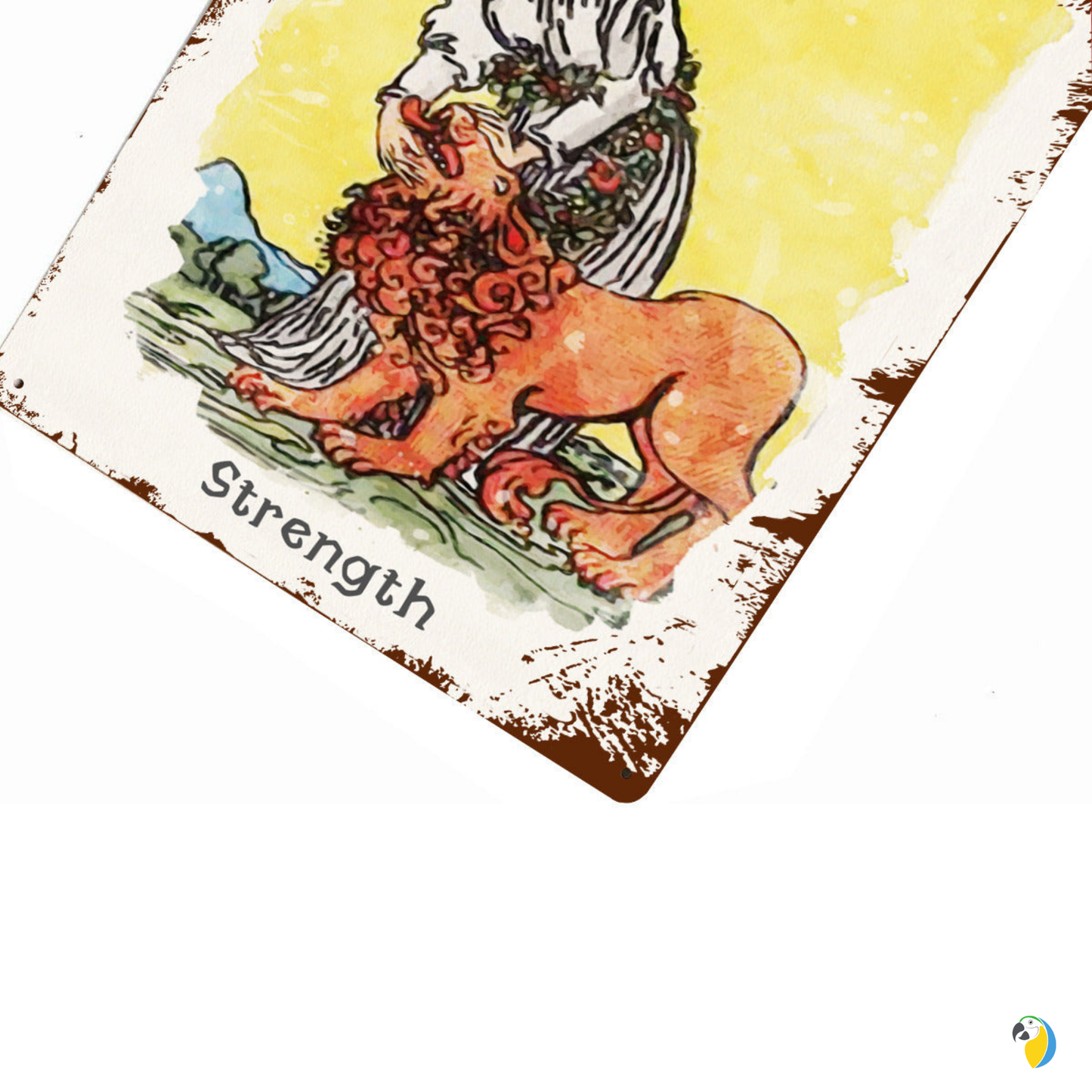 Tin Sign Of The Strenght Tarot Card • Major Arcana 8 Vintage Tinplate Painting • Papagaio Studio Shop