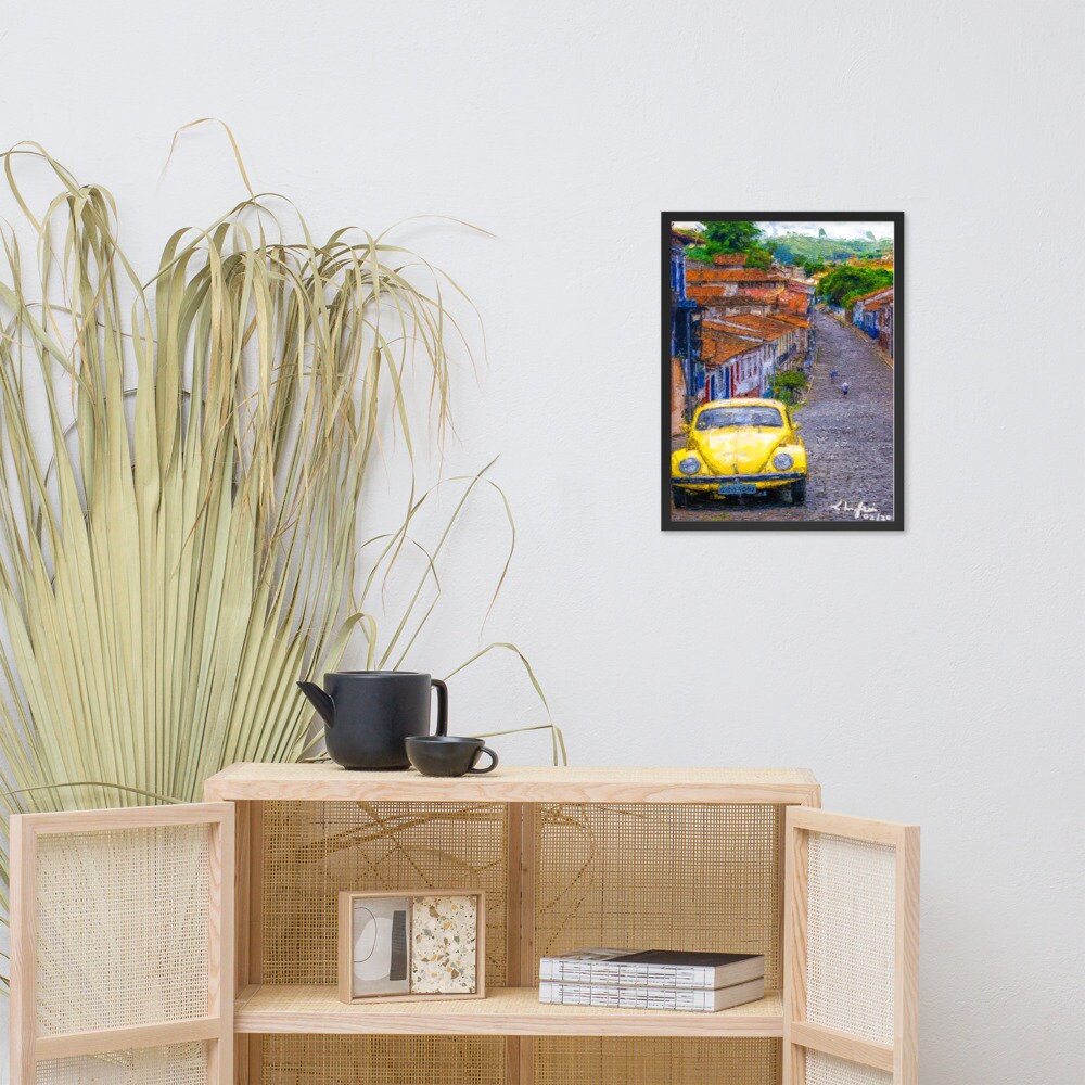 Minas Gerais Impressionist Painting • Sabará, MG - Brazil Countryside Village Wall Art • Yellow VW Beetle Framed Giclée Poster • Papagaio Studio Shop