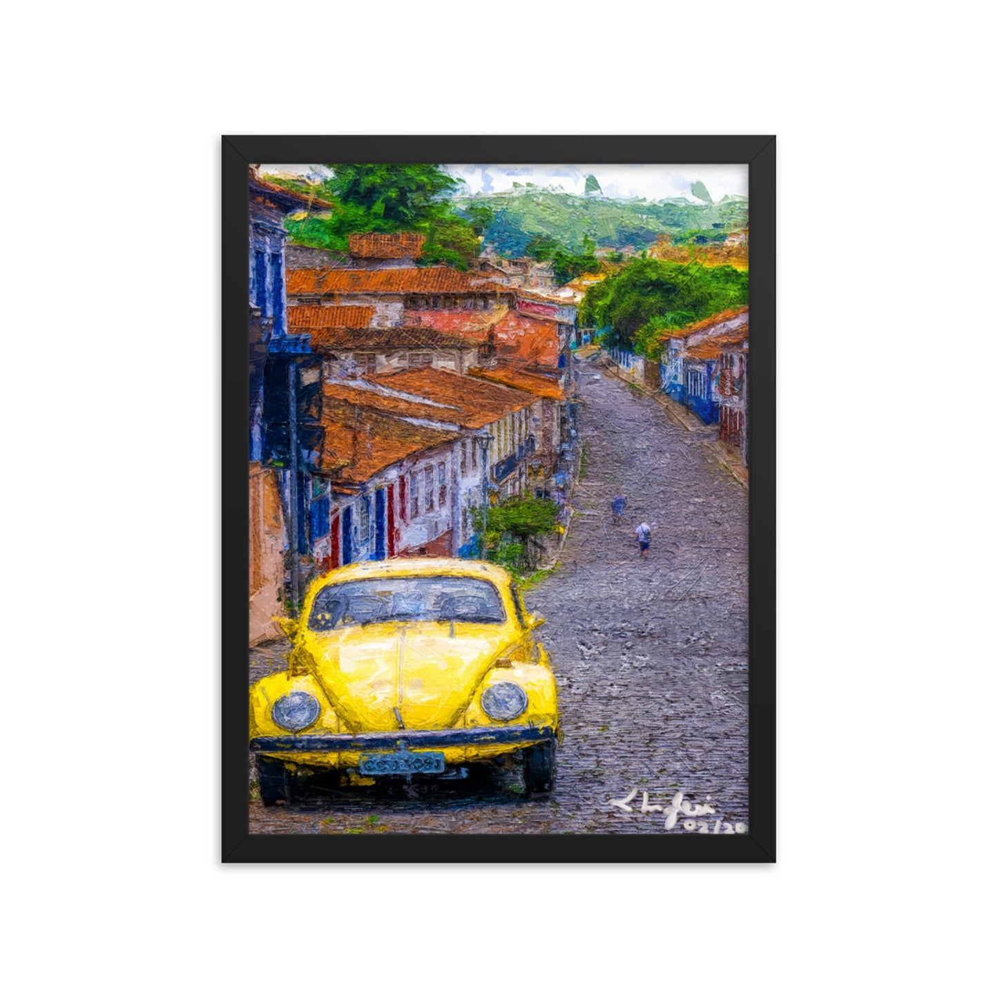 Minas Gerais Impressionist Painting • Sabará, MG - Brazil Countryside Village Wall Art • Yellow VW Beetle Framed Giclée Poster • Papagaio Studio Shop