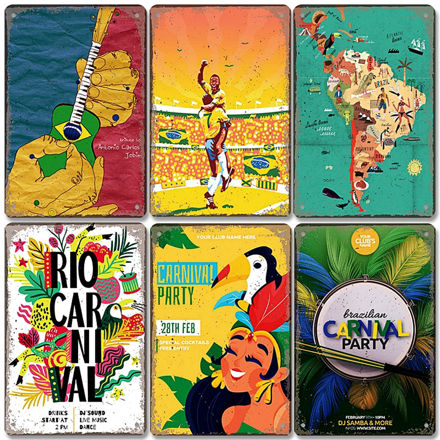 Brazil Tin Signs • Brazilian-Themed Metal Prints For Tropical Vintage Decor • South American Travel Carnival Football Poster Plaque • Papagaio Studio Design Shop