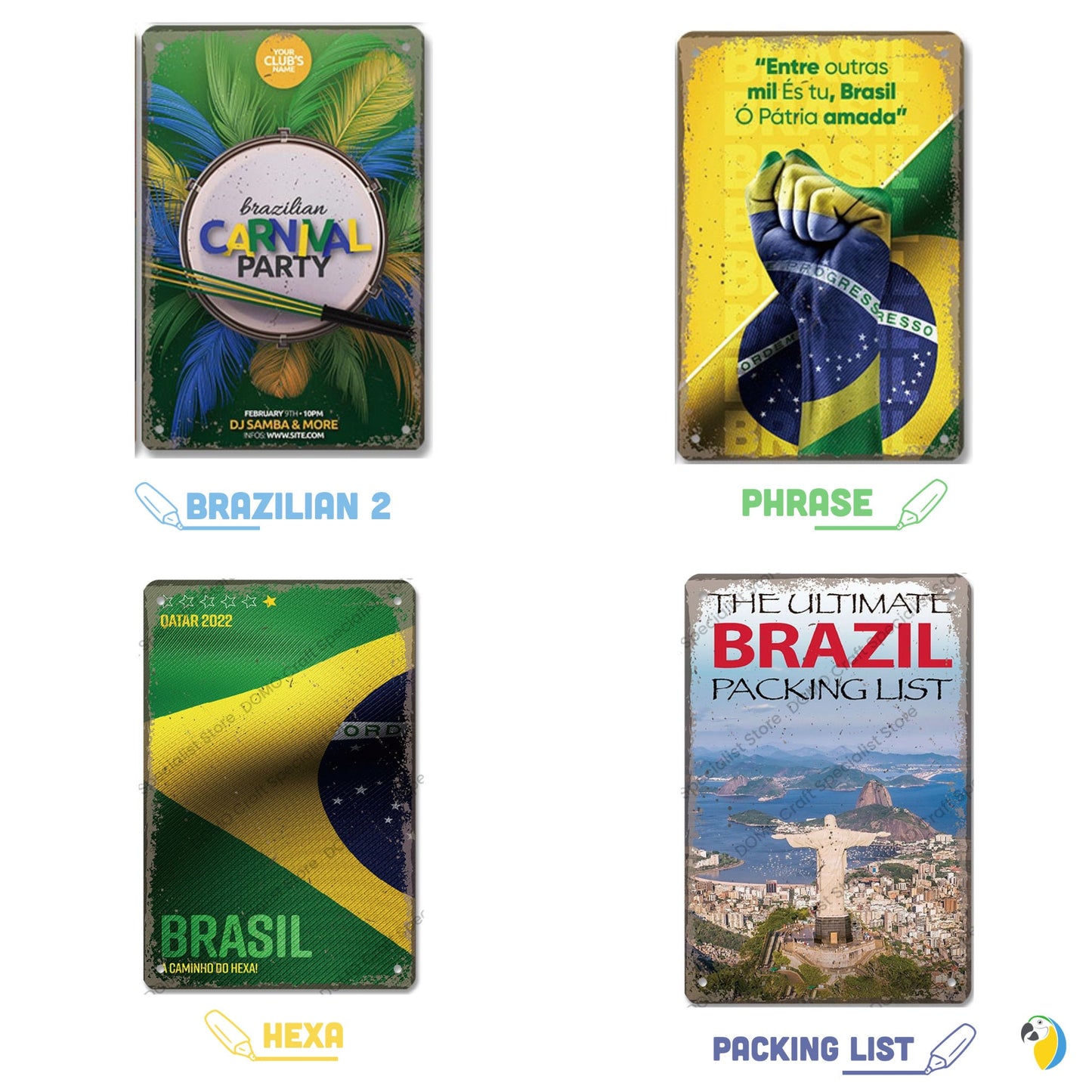 Brazil Tin Signs • Brazilian-Themed Metal Prints For Tropical Vintage Decor • South American Travel Carnival Football Poster Plaque • Papagaio Studio Design Shop