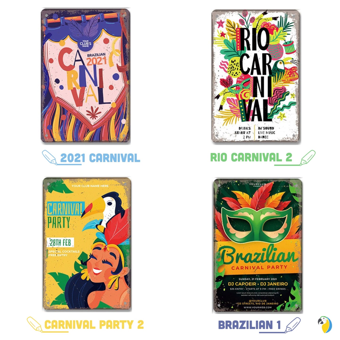 Brazil Tin Signs • Brazilian-Themed Metal Prints For Tropical Vintage Decor • South American Travel Carnival Football Poster Plaque • Papagaio Studio Design Shop