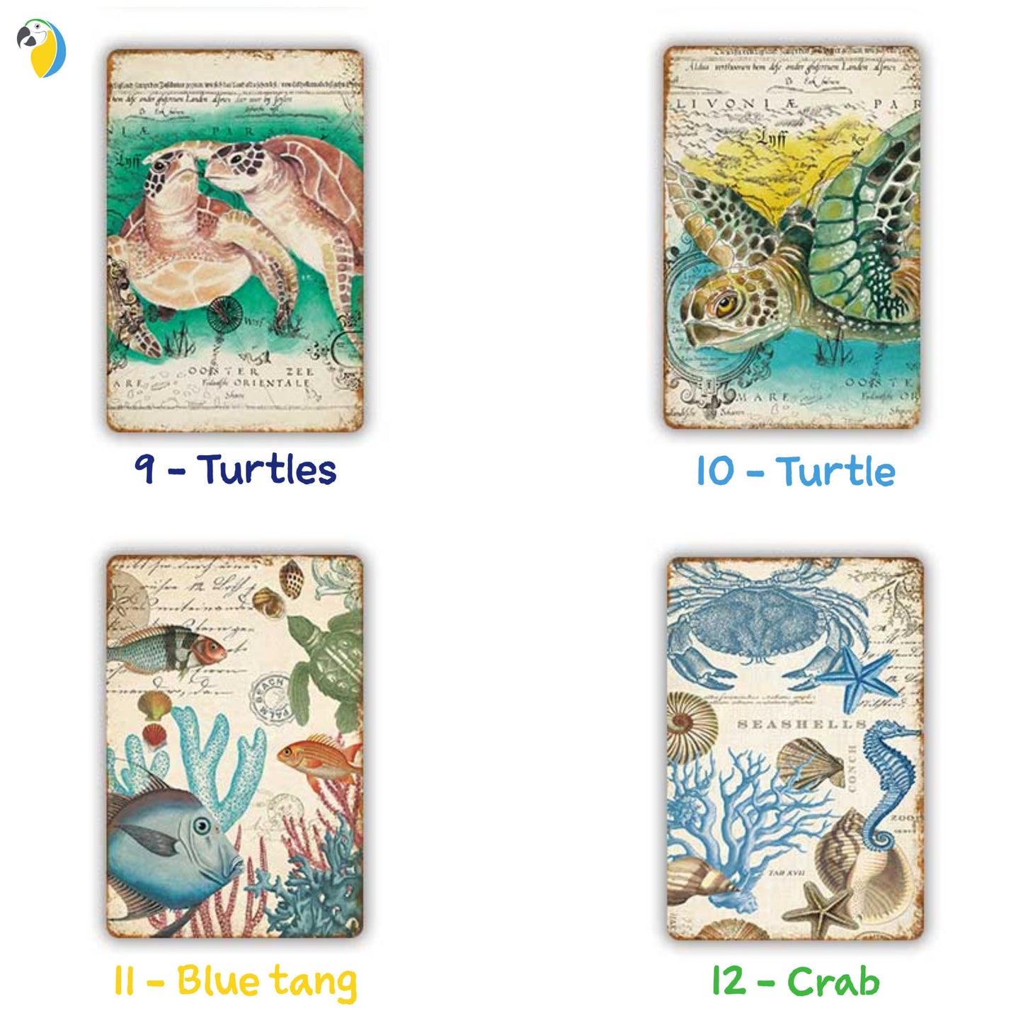 Marine Animals Tin Sign | Ocean Vintage Metal Plaque | Blue & Yellow Wall Art Metal Print | Retro Posters for Beach House Decor | Leo Inglesi Studio Etsy Shop