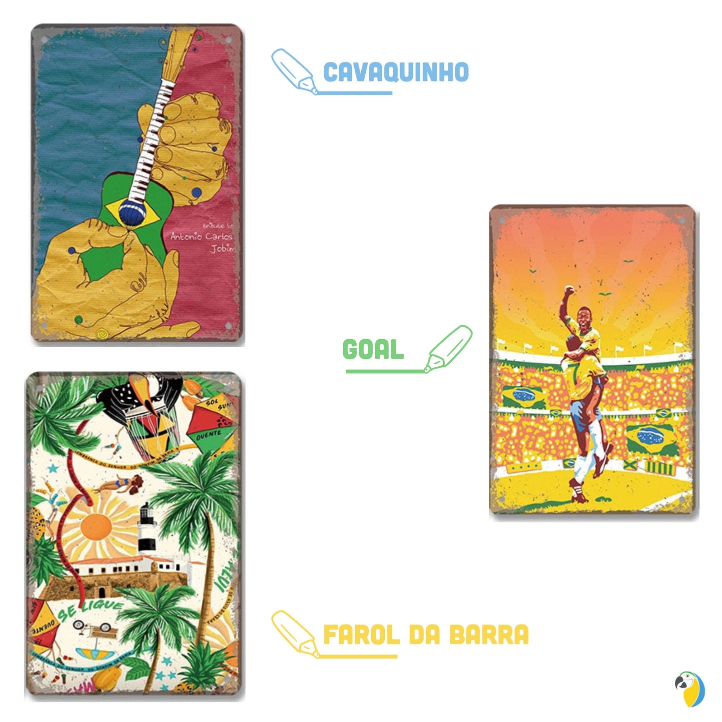 Brazil Tin Signs • Brazilian-Themed Metal Prints For Tropical Vintage Decor • South American Travel Carnival Football Poster Plaque • Papagaio Studio Design Shop