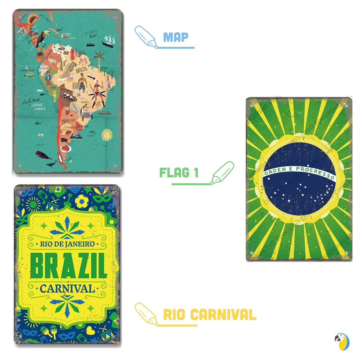 Brazil Tin Signs • Brazilian-Themed Metal Prints For Tropical Vintage Decor • South American Travel Carnival Football Poster Plaque • Papagaio Studio Design Shop