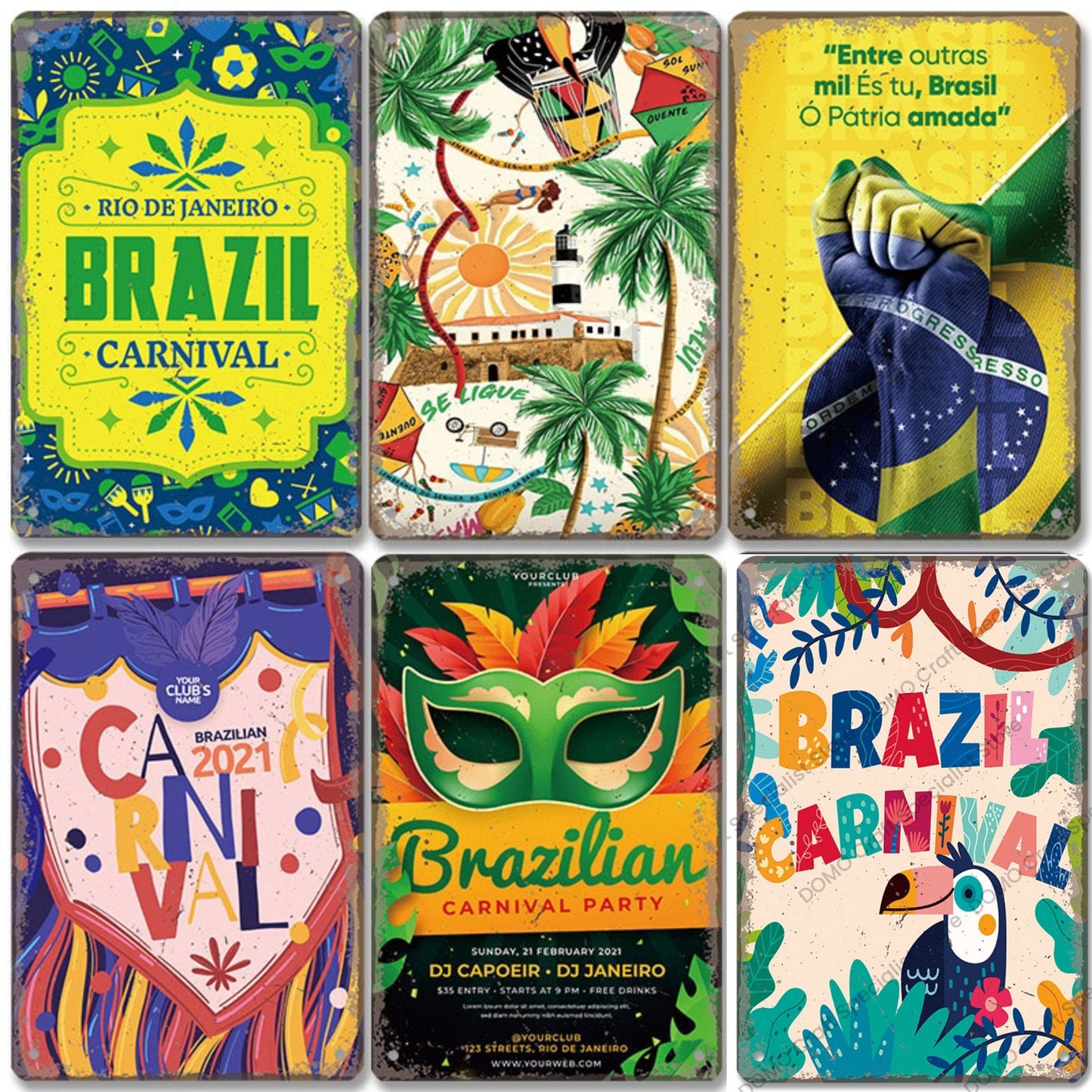 Brazil Tin Signs • Brazilian-Themed Metal Prints For Tropical Vintage Decor • South American Travel Carnival Football Poster Plaque • Papagaio Studio Design Shop