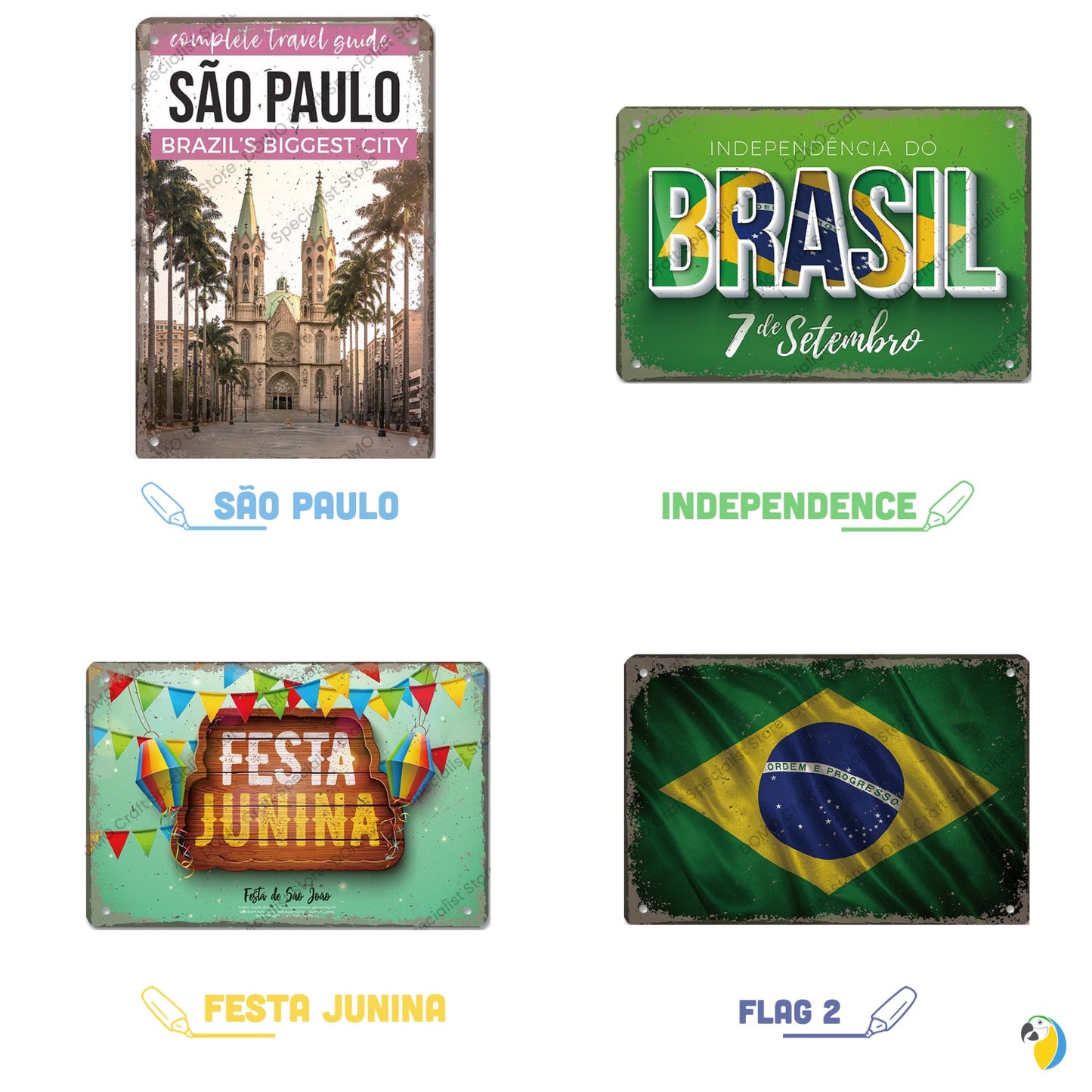 Brazil Tin Signs • Brazilian-Themed Metal Prints For Tropical Vintage Decor • South American Travel Carnival Football Poster Plaque • Papagaio Studio Design Shop