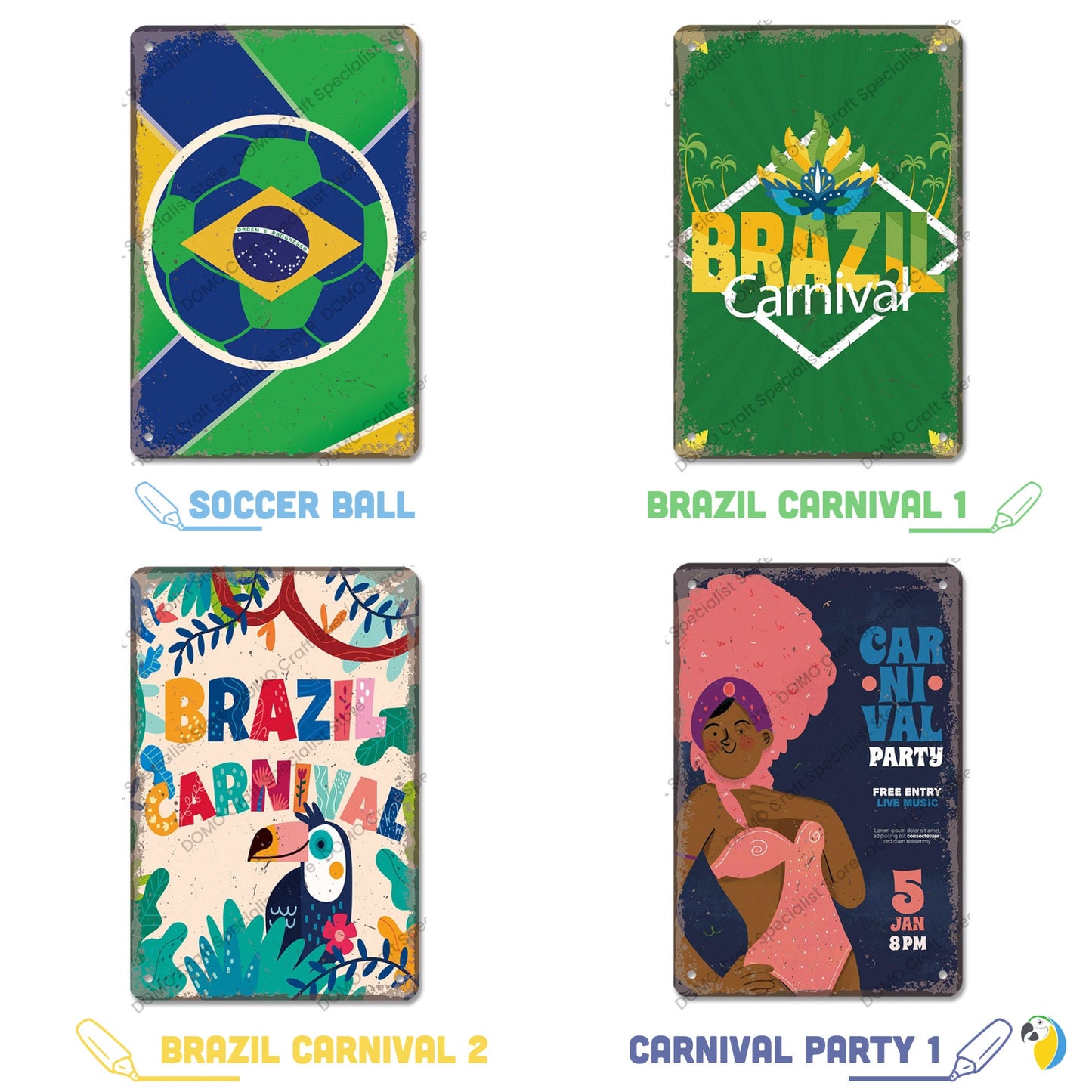 Brazil Tin Signs • Brazilian-Themed Metal Prints For Tropical Vintage Decor • South American Travel Carnival Football Poster Plaque • Papagaio Studio Design Shop