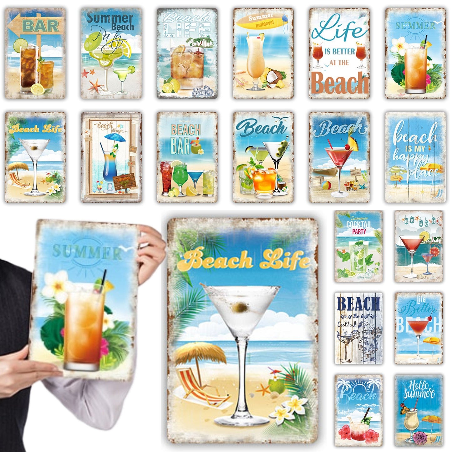 Summer Beach Vintage Metal Plaque | Cocktail Tin Sign Wall Art Decoration For Bar Pub Seaside Room Beach House | Ocean Metal Print