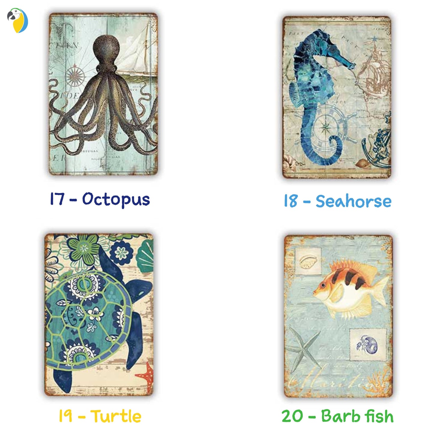 Marine Animals Tin Sign | Ocean Vintage Metal Plaque | Blue & Beige Wall Art Metal Print | Retro Posters for Beach House Decor | Leo Inglesi Studio Etsy Shop
