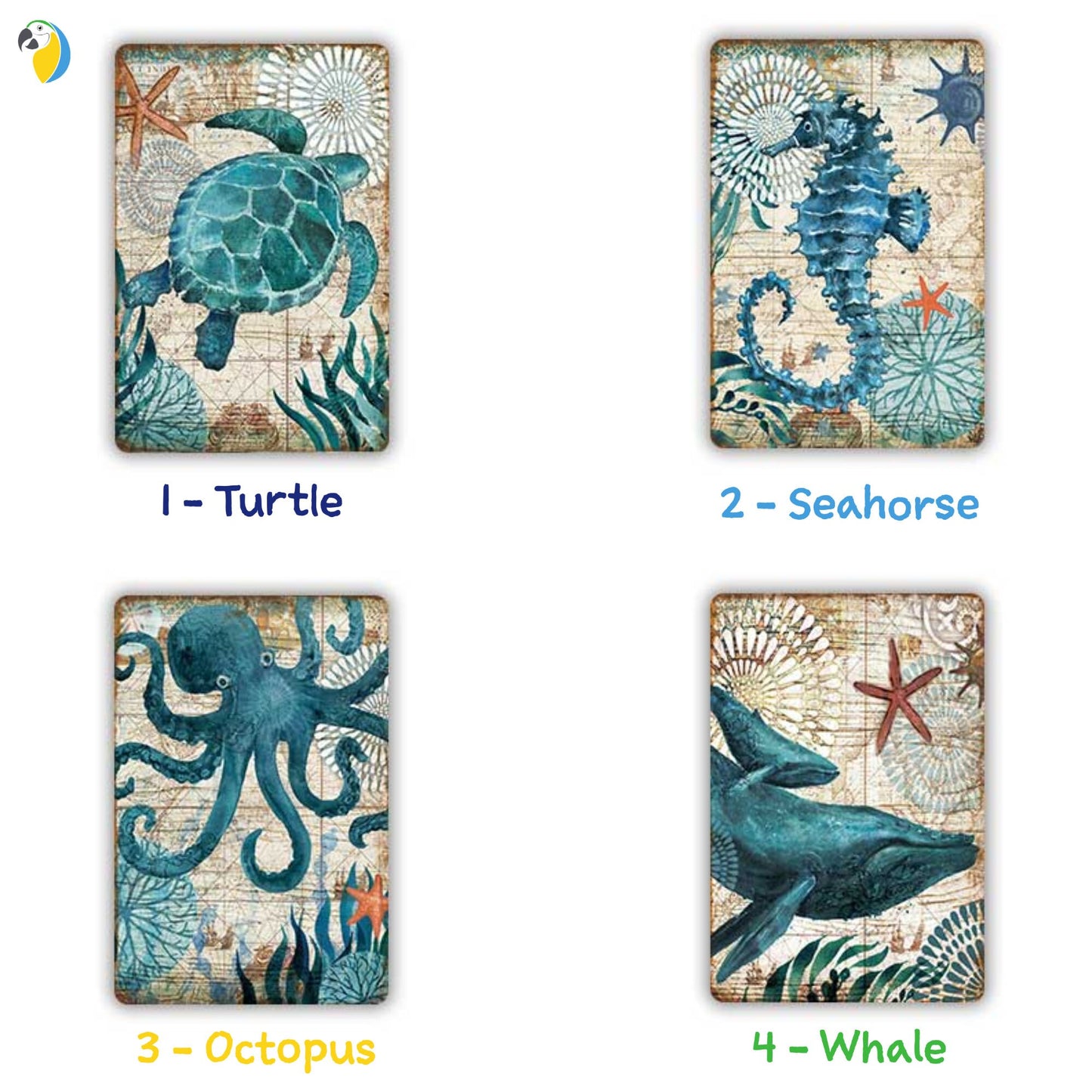 Marine Animals Tin Sign | Ocean Vintage Metal Plaque | Blue & Yellow Wall Art Metal Print | Retro Posters for Beach House Decor | Leo Inglesi Studio Etsy Shop