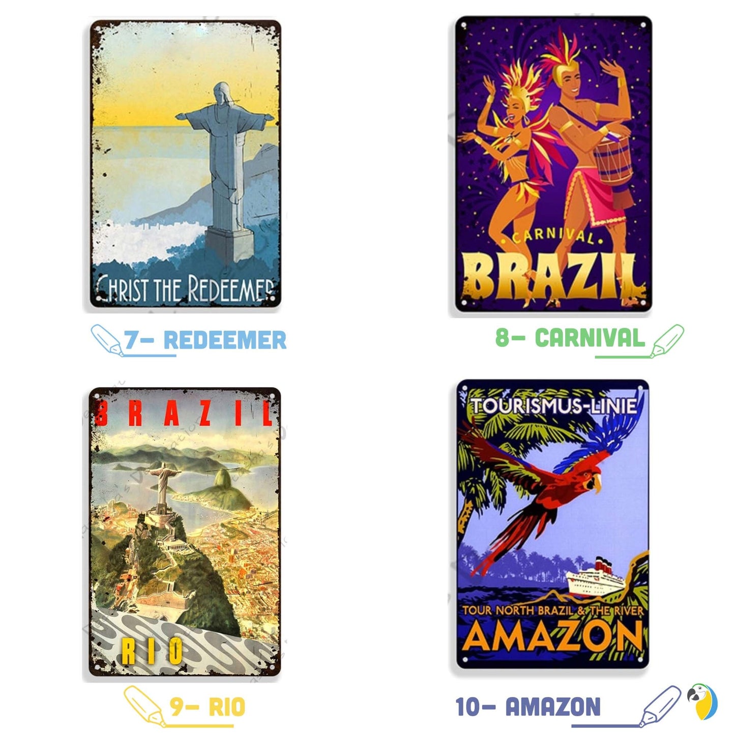 Brazil Retro Metal Print | Travel Vintage Tin Sign | Decorative Brazilian Poster For Home Bar Cafe Mens Cave | Tropical Wall Decor Plaque | Papagaio Studio Etsy Shop