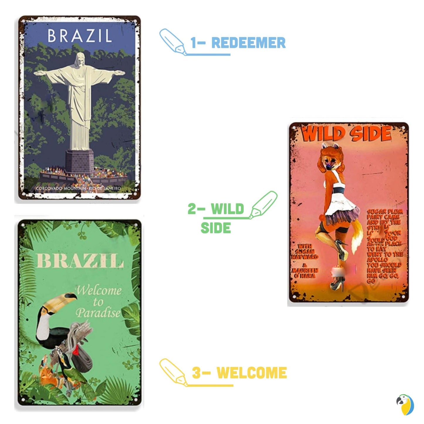 Brazil Retro Metal Print | Travel Vintage Tin Sign | Decorative Brazilian Poster For Home Bar Cafe Mens Cave | Tropical Wall Decor Plaque | Papagaio Studio Etsy Shop