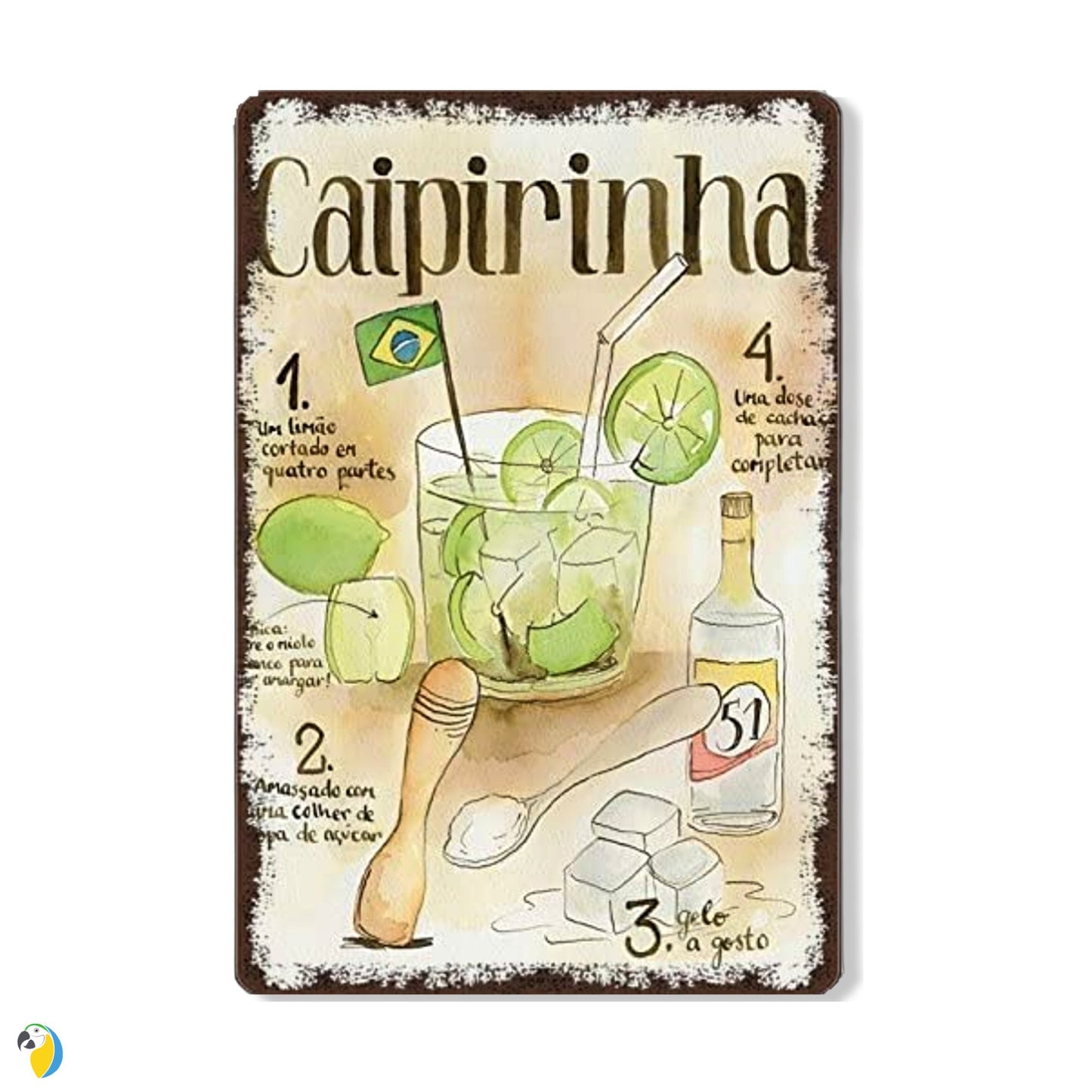 Metal Print Of Brazil Caipirinha Cocktail Cachaca Recipe | Brazilian Vintage Tin Sign | Retro Wall Art For Kitchen Bar Coffee Shop | Papagaio Studio Etsy Shop